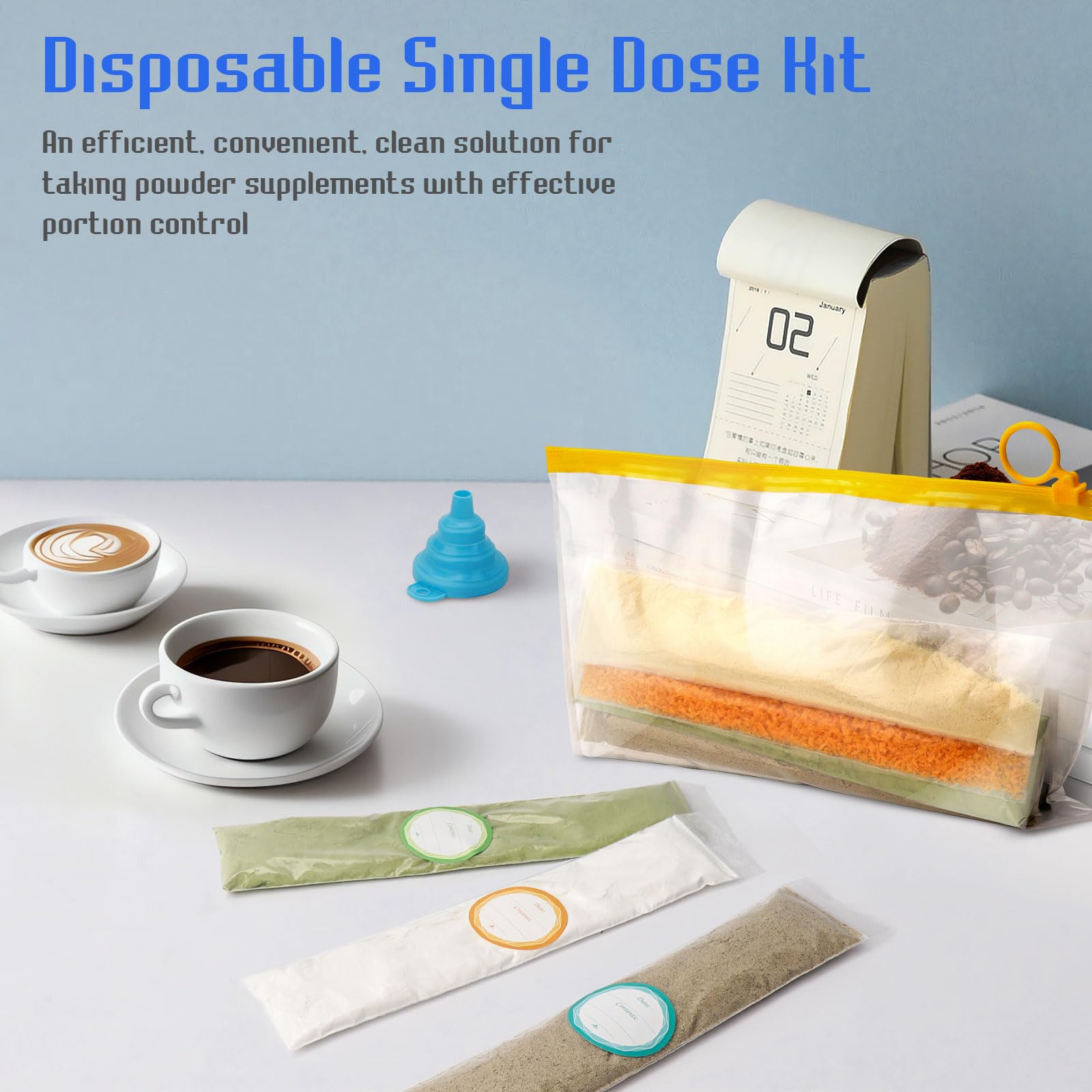 WALLFID Protein Powder Travel Storage Set including Funnels, 50pcs Disposable Single Dose Kit, 3pcs Zip Up Bags - Image 3