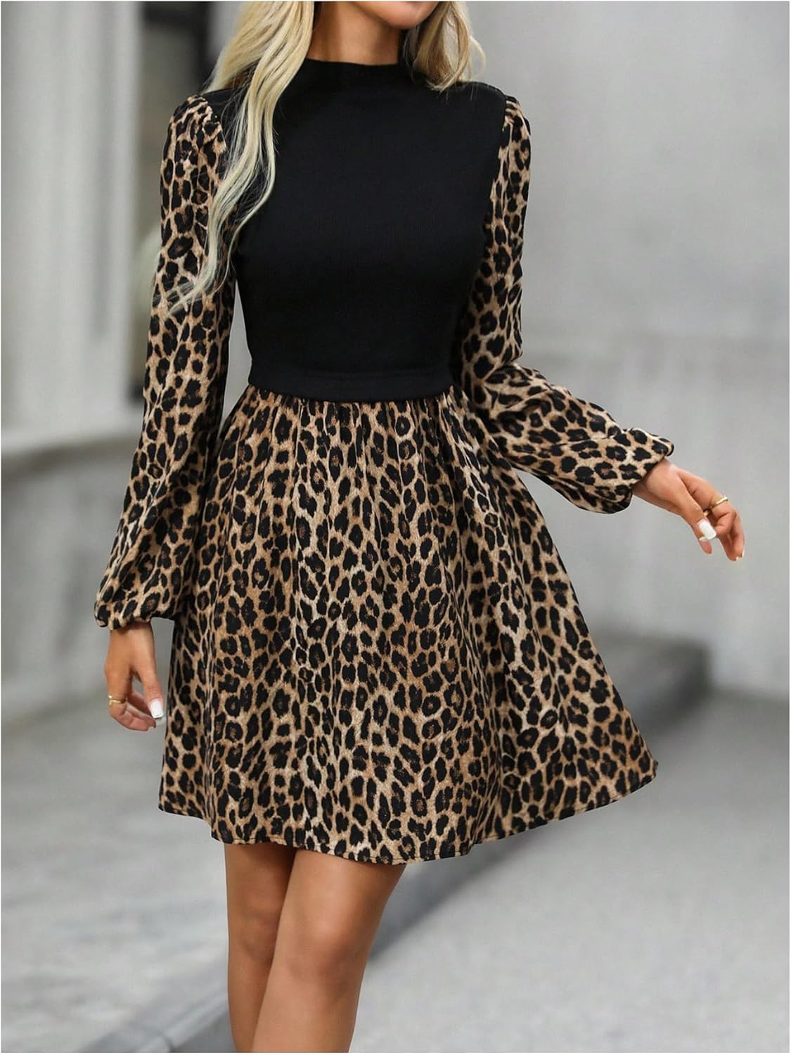 SweatyRocks Women's Leopard Print Long Sleeve Short Dress Elegant Mock Neck Flowy A Line Going Out Dresses - Image 2