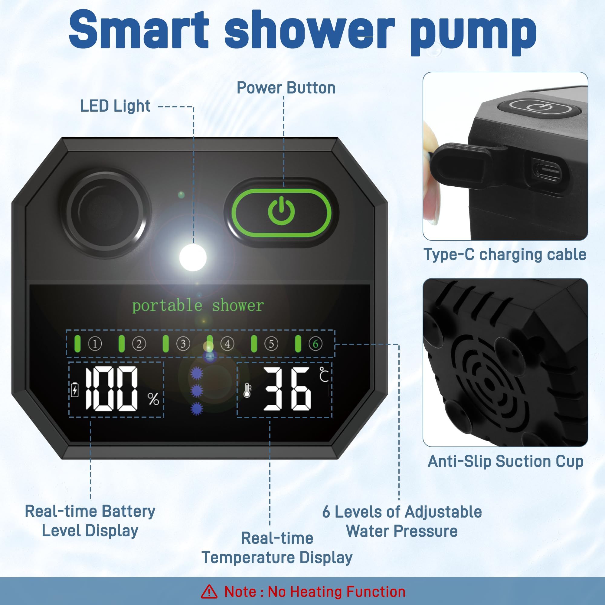 Tragbare Campingdusche mit Heizung, 6000 mAh wiederaufladbare tragbare Duschpumpe, 1500 W Warmwasser-Campingdusche mit 20 l Eimer, LED-Temperaturanzeige für Camping, Wandern, Wohnmobil