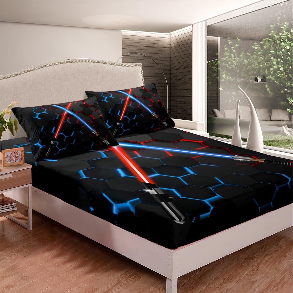 Neon Red Blue Lightsaber Bedding Set Twin Size Geometric Honeycomb Bed Sheets 3Pcs for Kids Girls Boys Teens Room Decor Fashion Games Sheet Set Black 3D Hexagon Fitted + Flat Sheet,1 Pillowcase