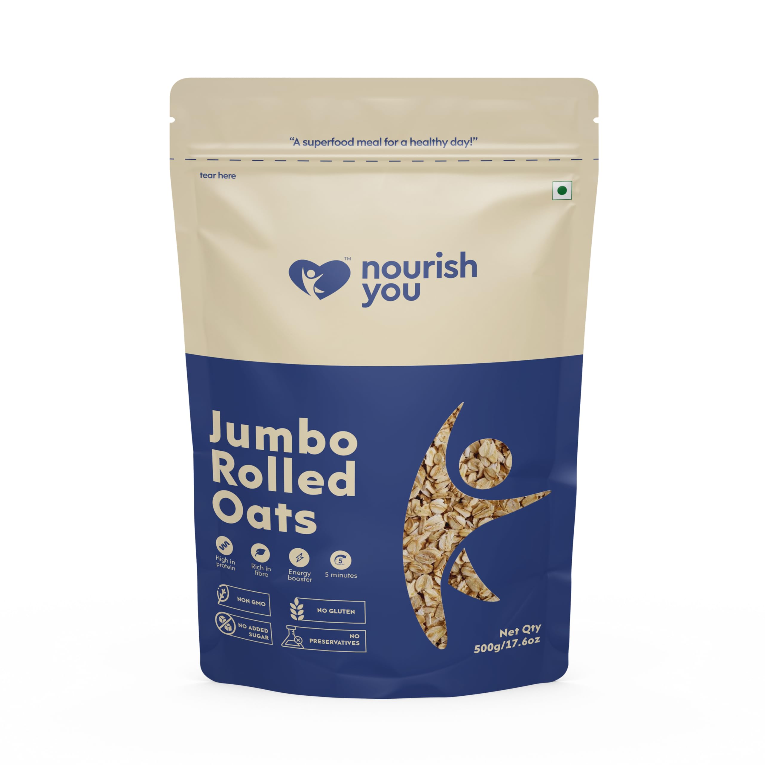 Nourish You Rolled Oats 500g – 100% Wholegrain Oatmeal | High Fiber & Protein-Rich Breakfast Cereal | Diet Food for Weight Management | Gluten-Free | No Added Sugar