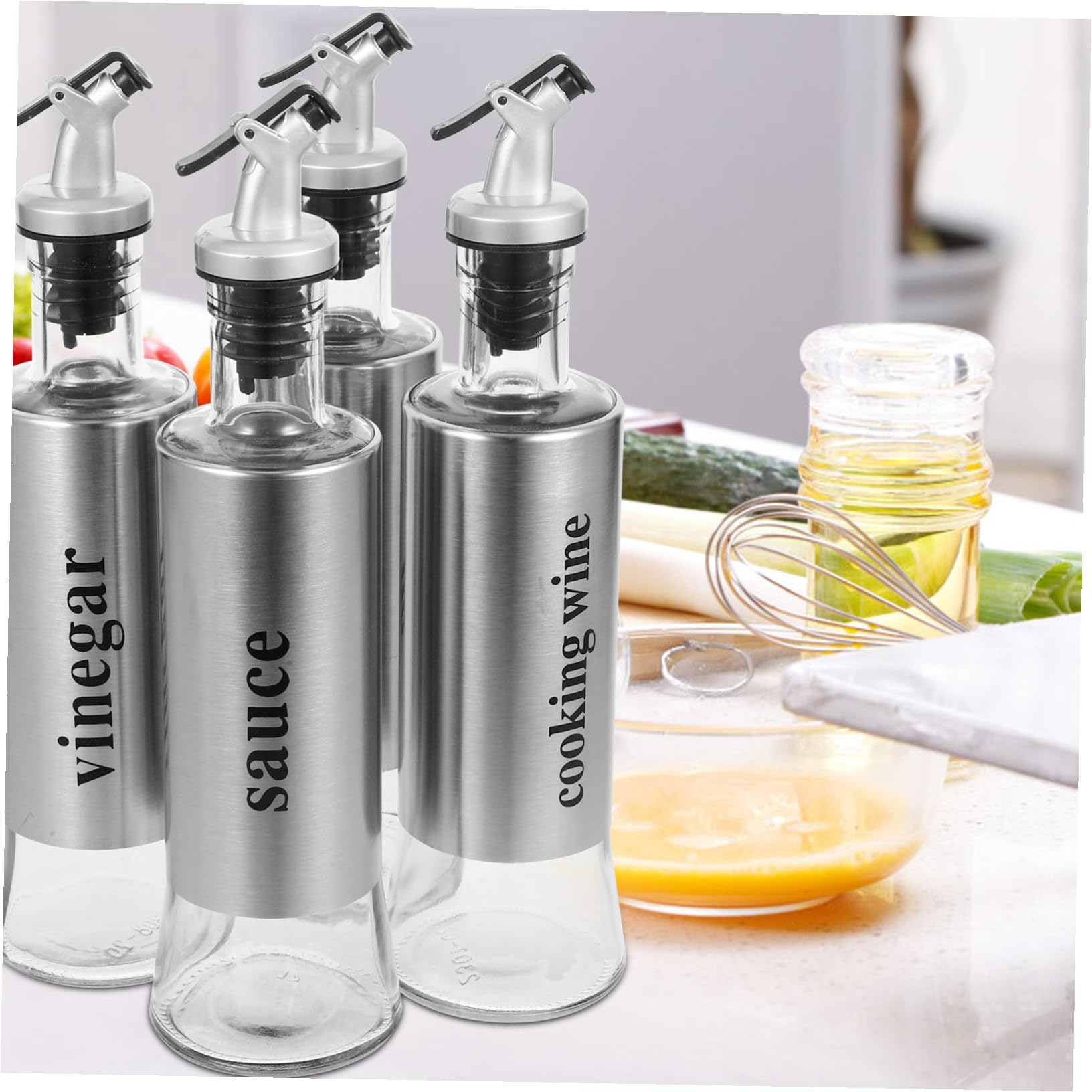 IMIKEYA Set 4 Bottiglie Dispenser Per Olio e Aceto 300 Ml in Vetro Beccuccio Antigoccia in Acciaio Inox Per Cucina Domestica e Condimentazione Precisa