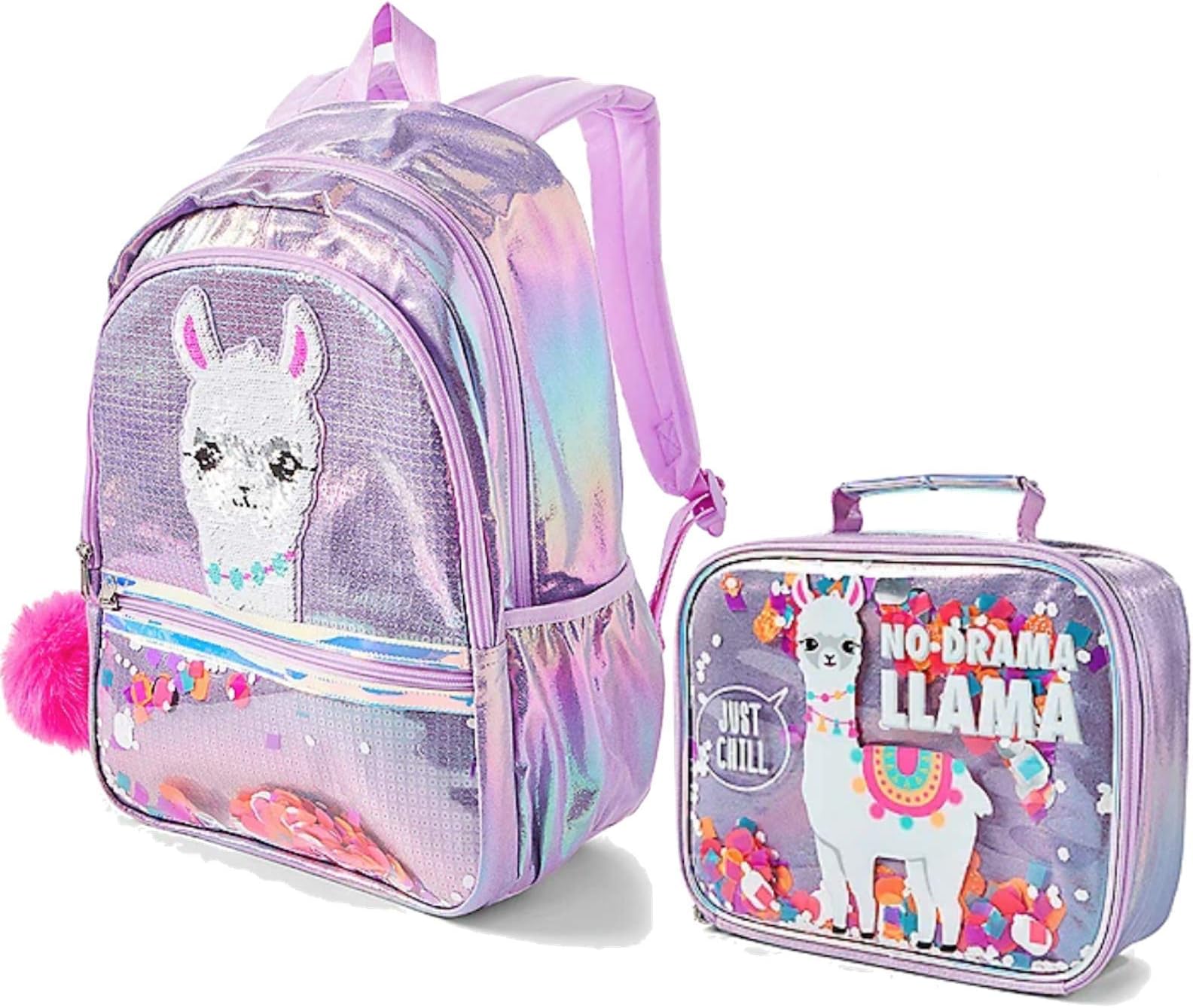 Justice Set 2 School Backpack No Drama Llama Sequin Shaky and Lunch Tote
