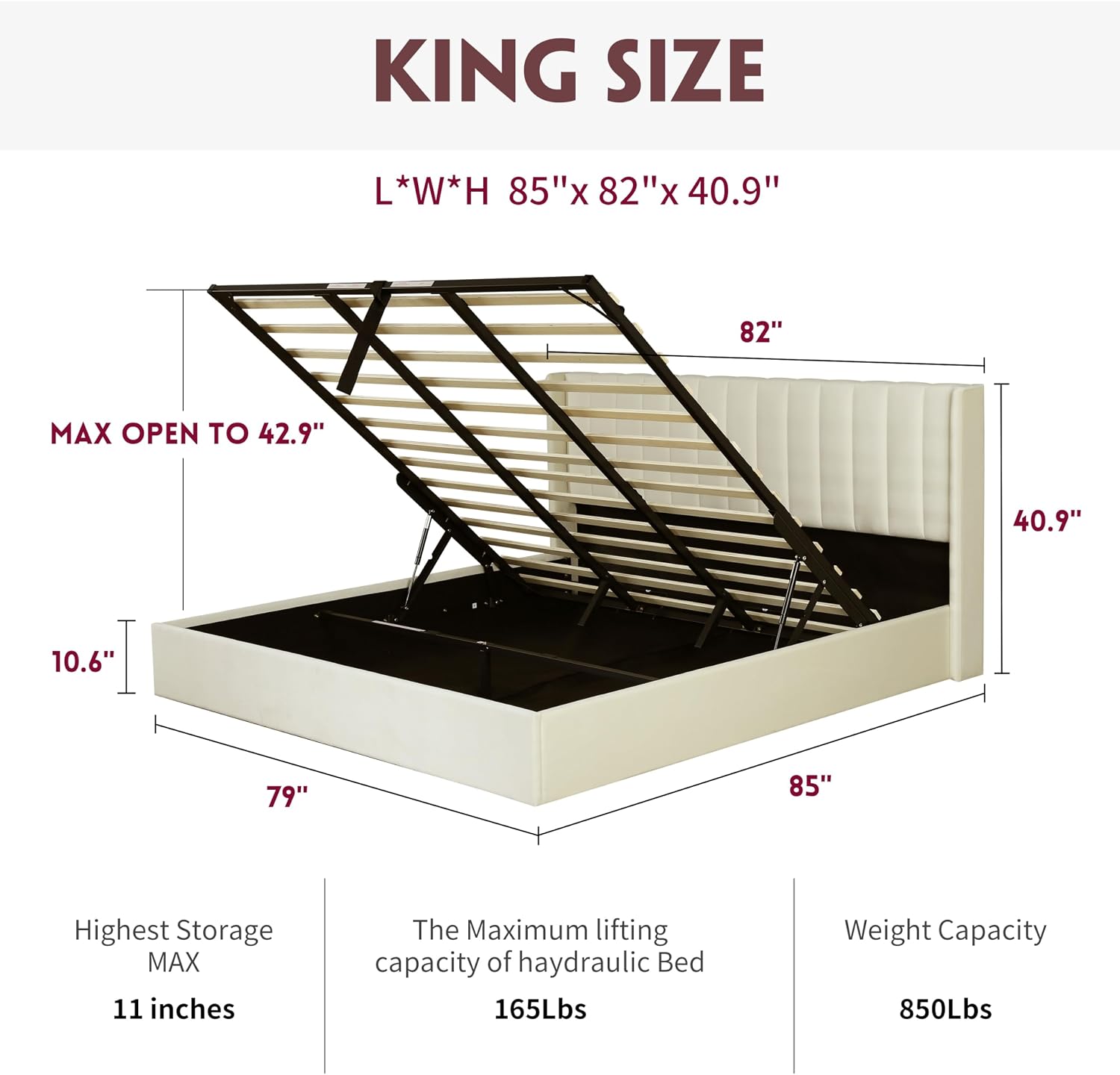 King Size Hydraulic Lift Up Storage Bed Frame, Upholstered Platform Bed with Wingback Headboard, No Box Spring Needed, Cream