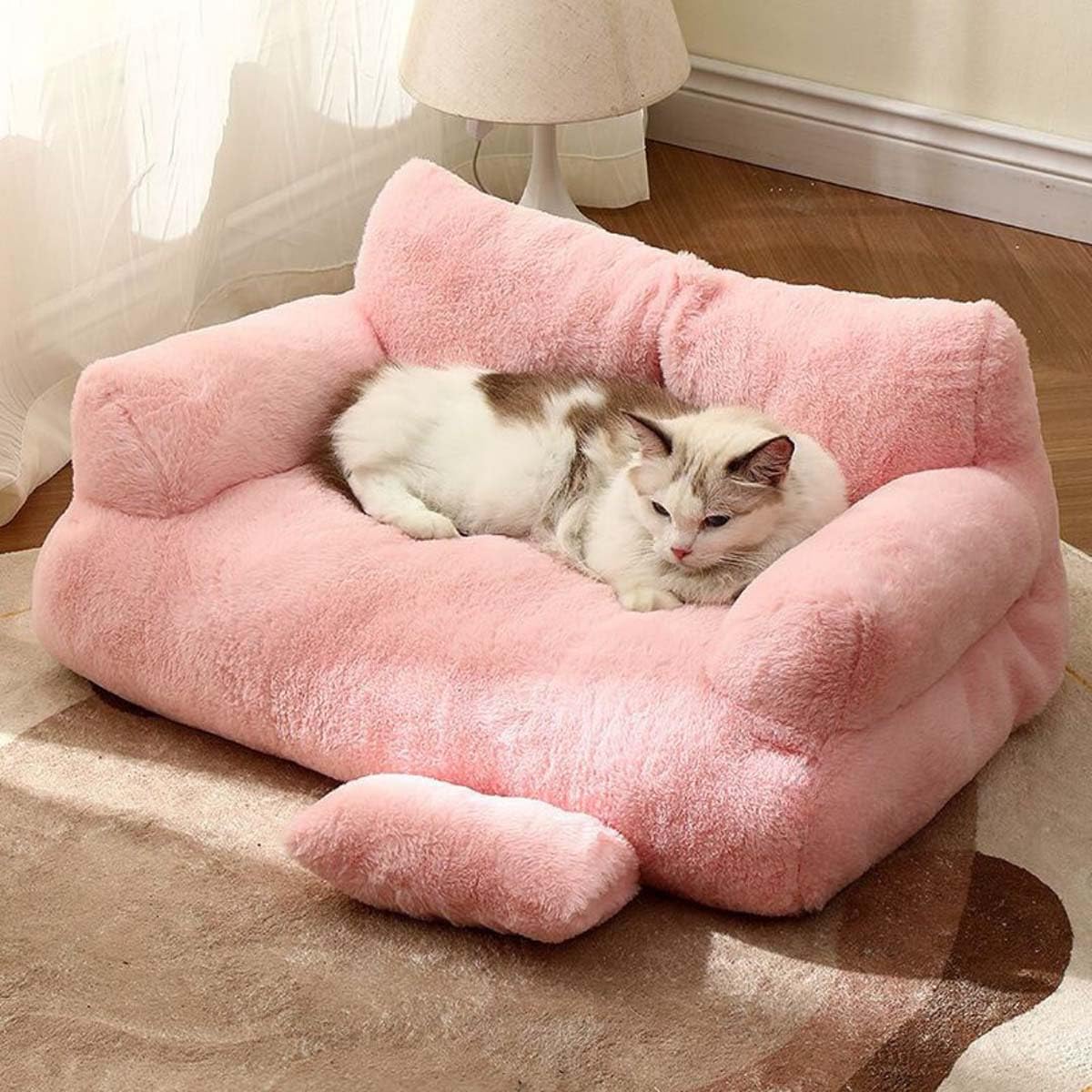 Mozzeilee Cat Bed Small Dog Sofa Fluffy Velvet Cat Beds, Indoor Kitten&Puppy Calming Cushion, Supportive Pet Sofa with Non-Slip Base, Removable Cover (55x38x18cm,Pink)