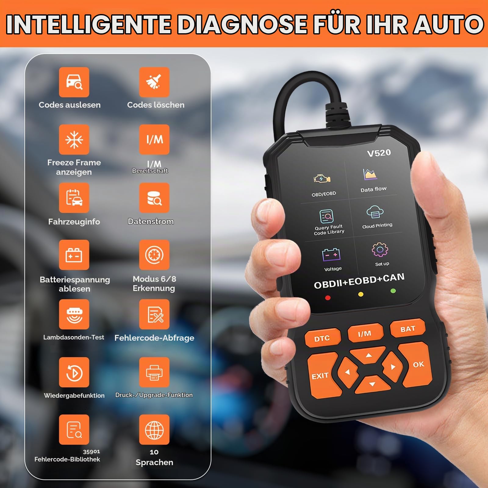 OBD2 Diagnosegerät, OBD Auto Diagnose, Motor Fehlerauslesegerät Lesegerät mit Vollständigen OBDII Funktionen, KFZ-Fehlercode-Lesegerät für nach 1996 Alle Fahrzeuge, 10 Sprachen