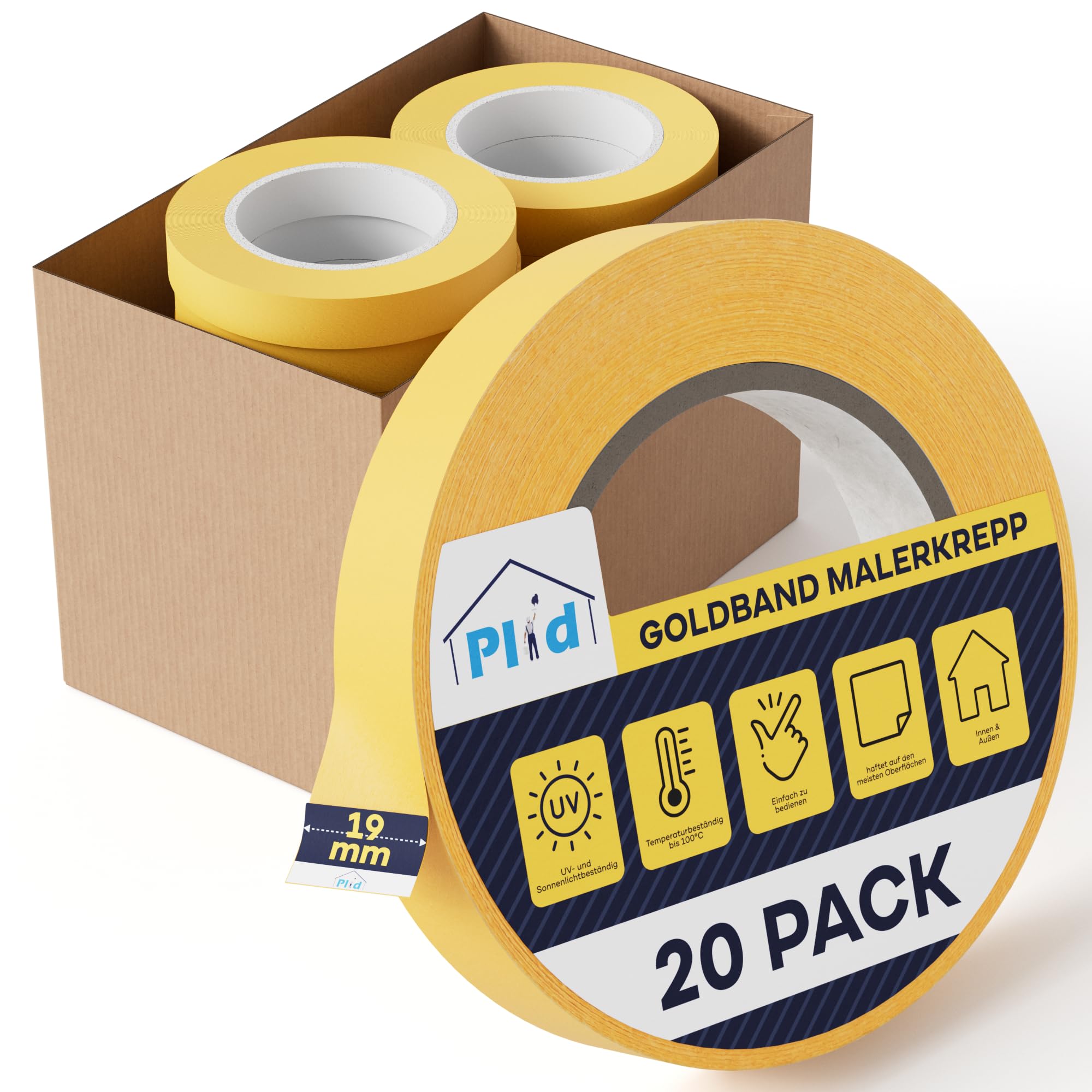 Plid® Ruban de Masquage Goldband 19 mm x 50 m Lot de 20 – Ruban Washi Peinture Fine – Masquage Précis Finitions – Retrait Propre Sans Résidu Intérieur Extérieur