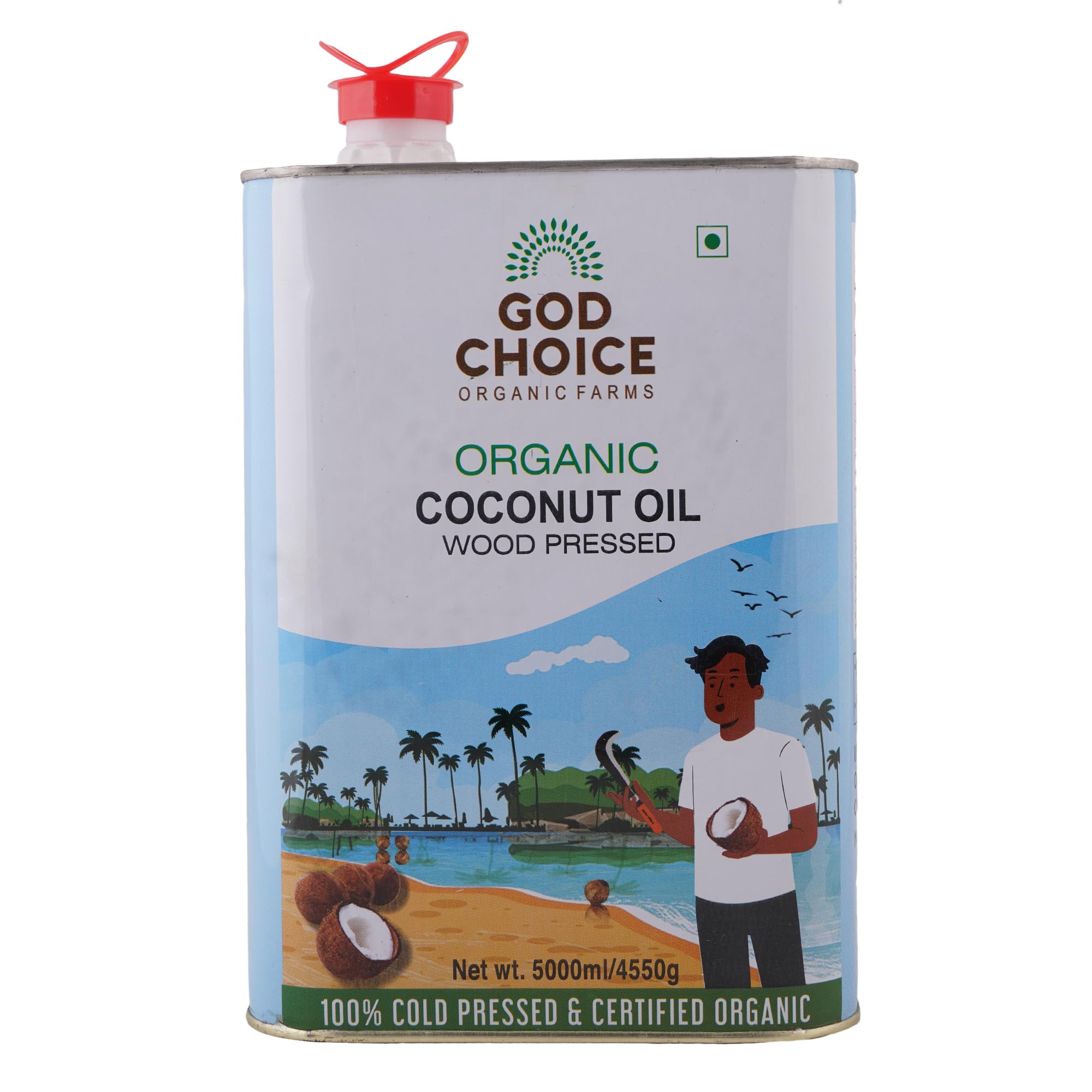 God Choice Organic Farms – Organic Coconut Oil (5 Litre, Tin) | 100% Wood Cold Pressed | Certified Organic | Made In Small Batches | Single Filtered | Additive Free| Preservative Free| Lab tested.
