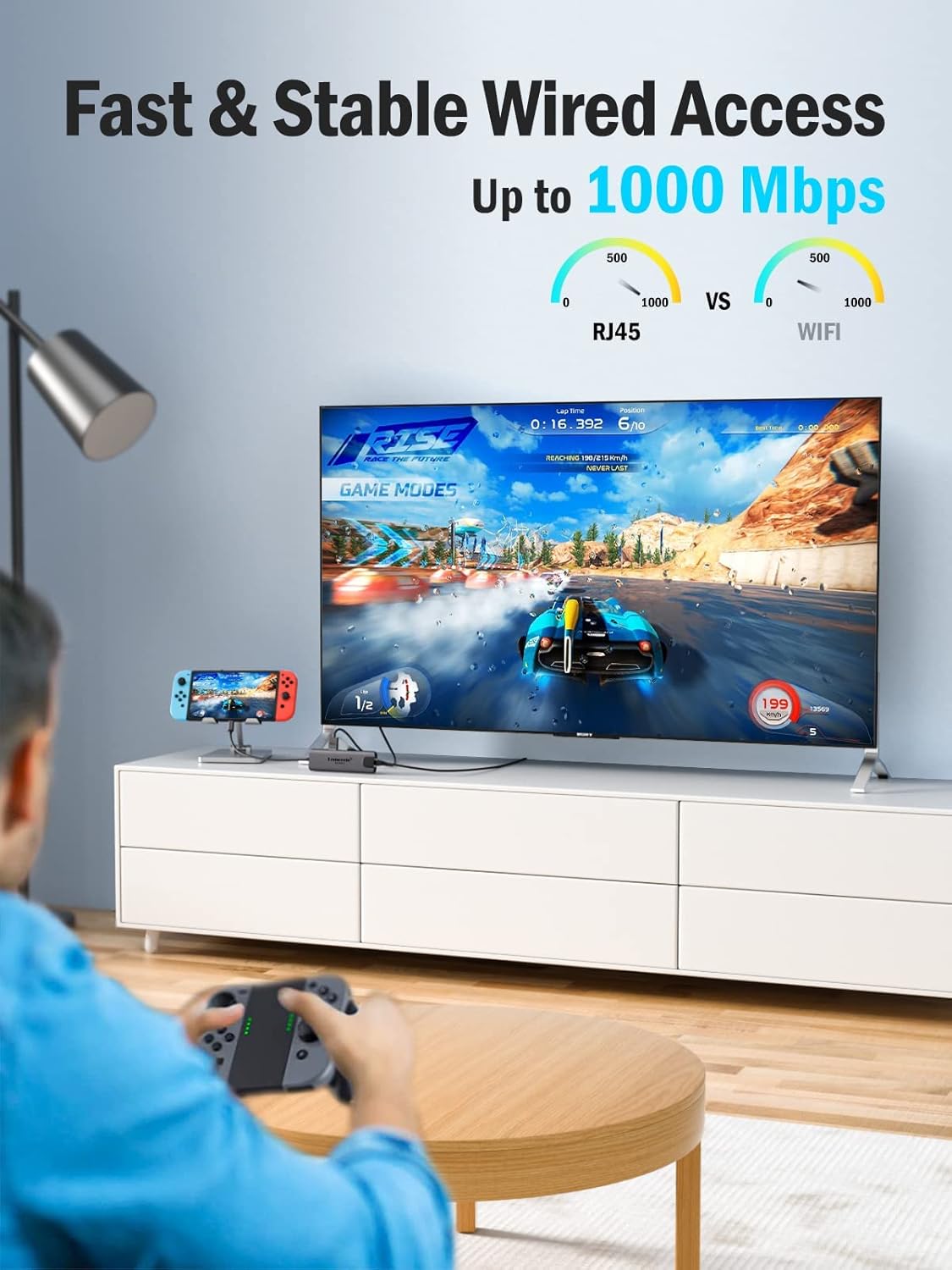 Person playing a video game on a TV connected via the Lemorele USB C Hub's Gigabit Ethernet port.