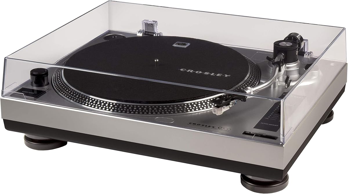 Crosley C100A-SI Record Player, Silver | 2-Speed Turntable, ATN3600L Audio-Technica Cartridge, Standard 1/2" Mount, Removable Headshell, Aluminum Platter With Strobe