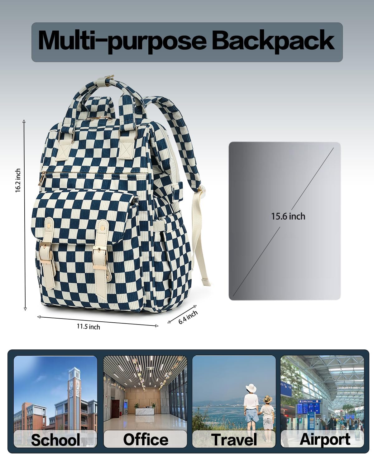 Laptop Backpacks for Women, Corduroy High School College Bookbag 15.6 Inch Laptop Bags for Girls Travel Daypack - Checkered Navy Blue - Image 6