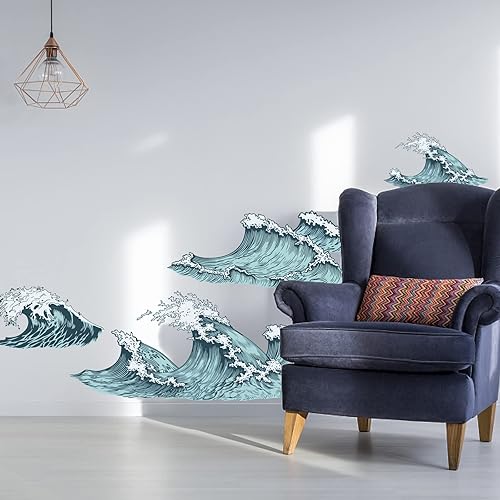 Miniatura 3 de PLIGREAT 6 calcomanías de pared con olas de mar y océano, removibles de vinilo para baño, dormitorio, sala de juegos, decoración de pared para el