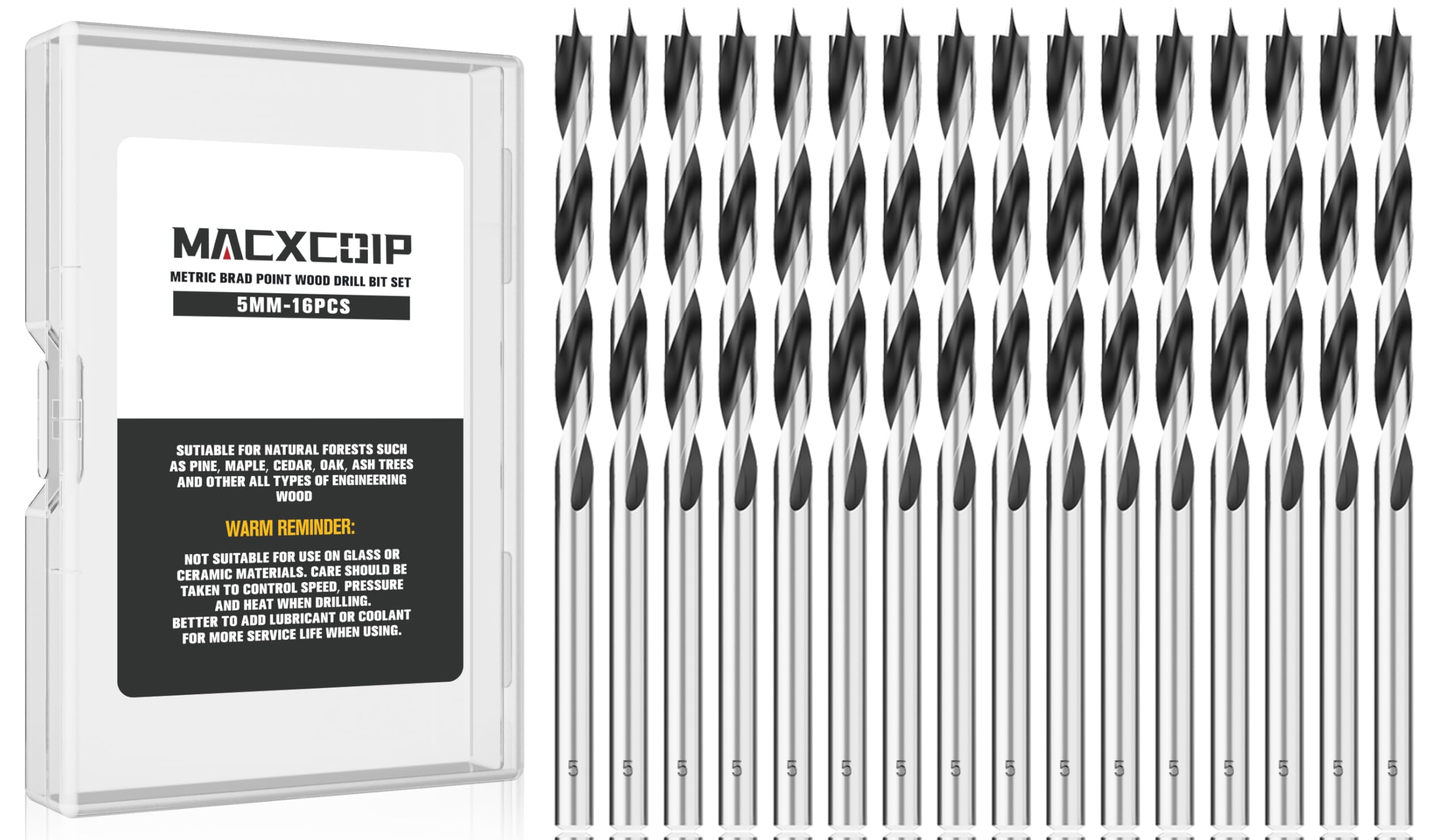 16pc Brad Point Drill Bits - Extra Long Wood Drill Set -18