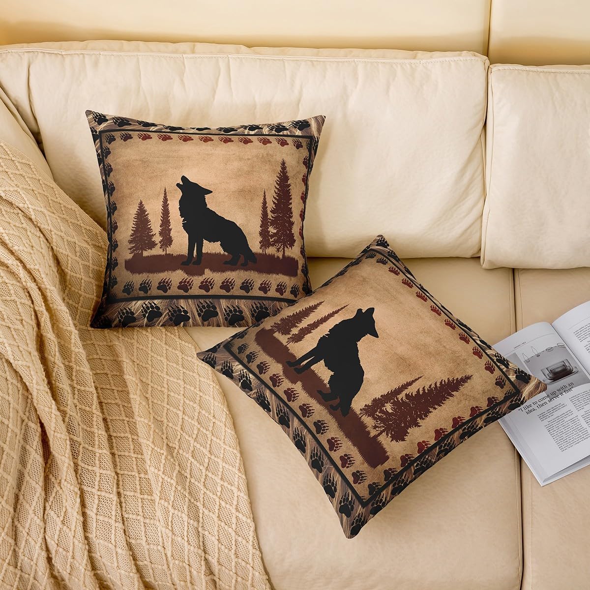Cute Wolf Throw Pillow Covers 24"x24" Set of 2 Soft for Girls Boys Wolves Howling Throw Pillowcases Room Animal Wolves Tree Pattern Pillow Cases Cushion Covers Exotic Style Brown Black Cushion Cases