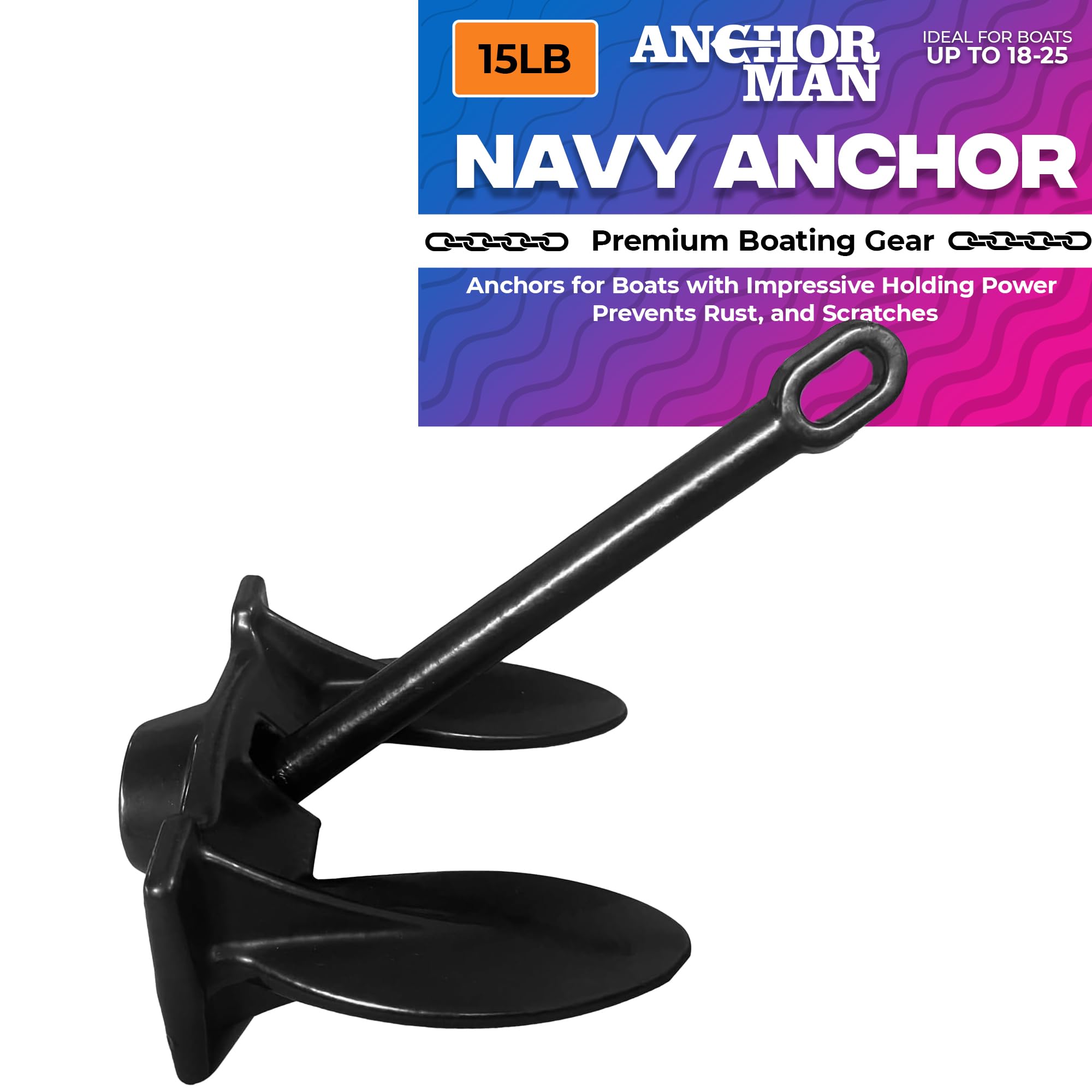 Anchor-Man Navy Anchor(5lb 10lb 15lb 20lb) – Black Vinyl Coated Naval Anchors for Boats with Impressive Holding Power - Prevents Rust, and Scratches