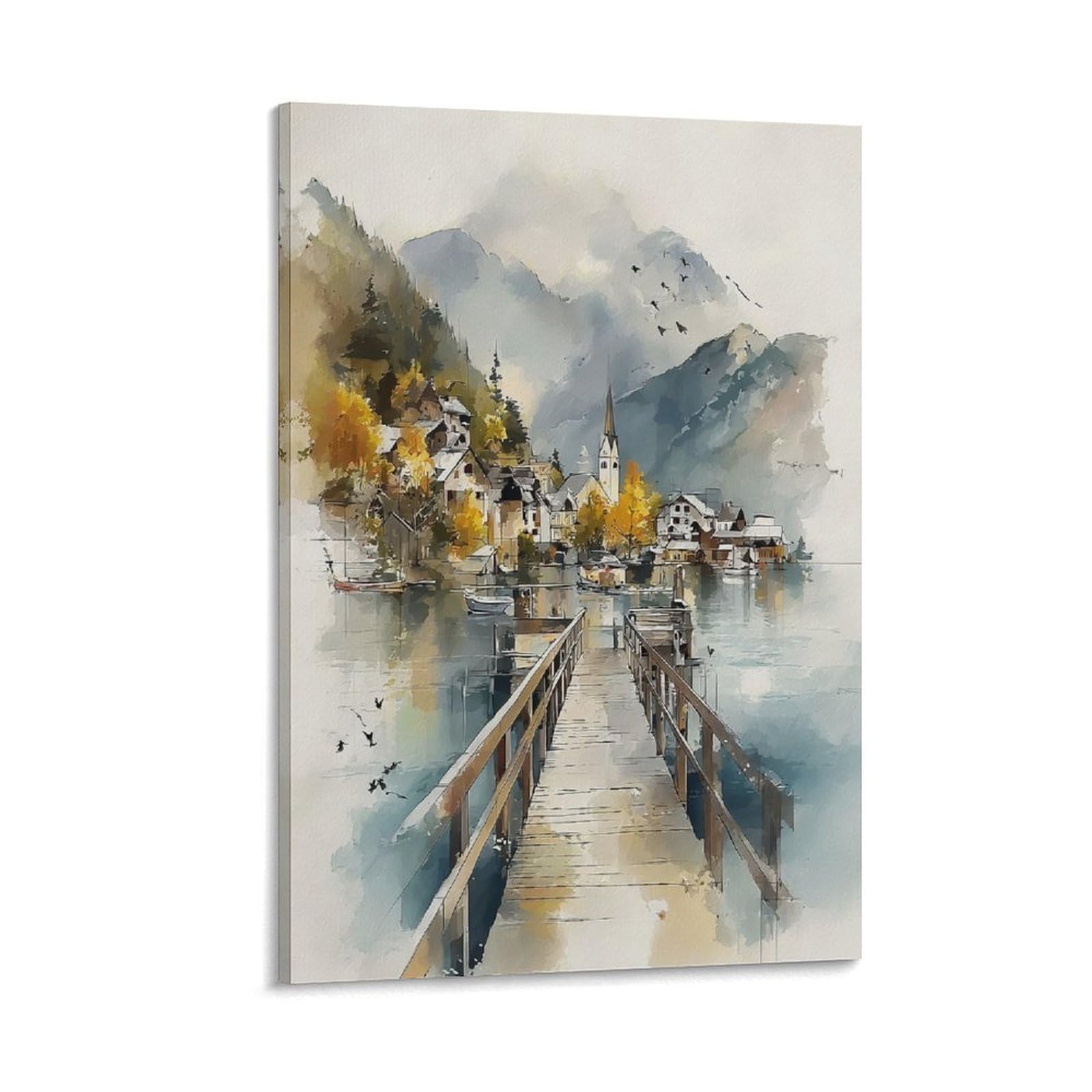 Cnaheiz Frame-Style Skagway Alaska Watercolor Painting_ Coastal Town Art Print 08X12inch(20X30cm) Vintage Watercolor Canvas Art