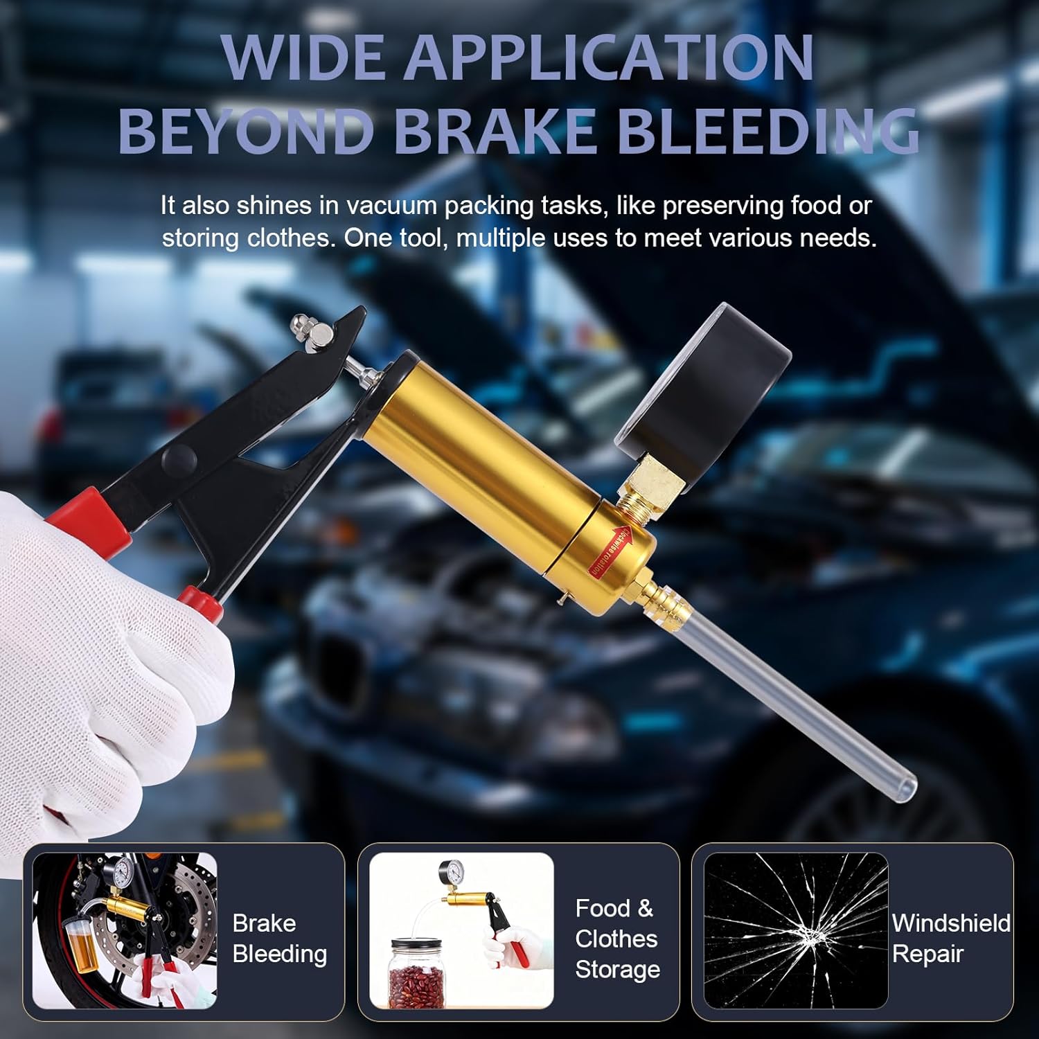 Handheld Vacuum Pump Brake Bleeder Kit with Pressure Gauge, Brake Fluid Bleeding Tool Set with Hoses, Adapters and Reservoir, Automotive Brake Bleeding & Vacuum Diagnostic Test Kit (-Blue-)