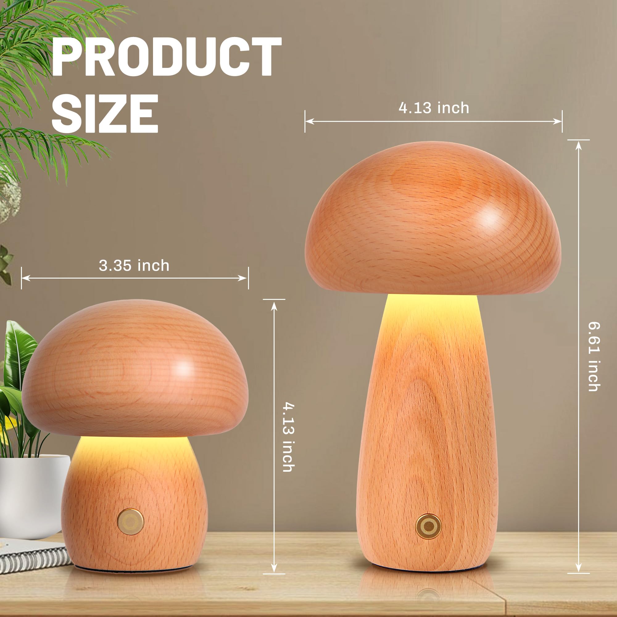 JIYUERLTD Wooden Mushroom Night Light, USB Rechargeable LED Desk Lamp, Dimmable Cute & Cozy Nursery Lamp, Beechwood Table Light (Large) - Image 4