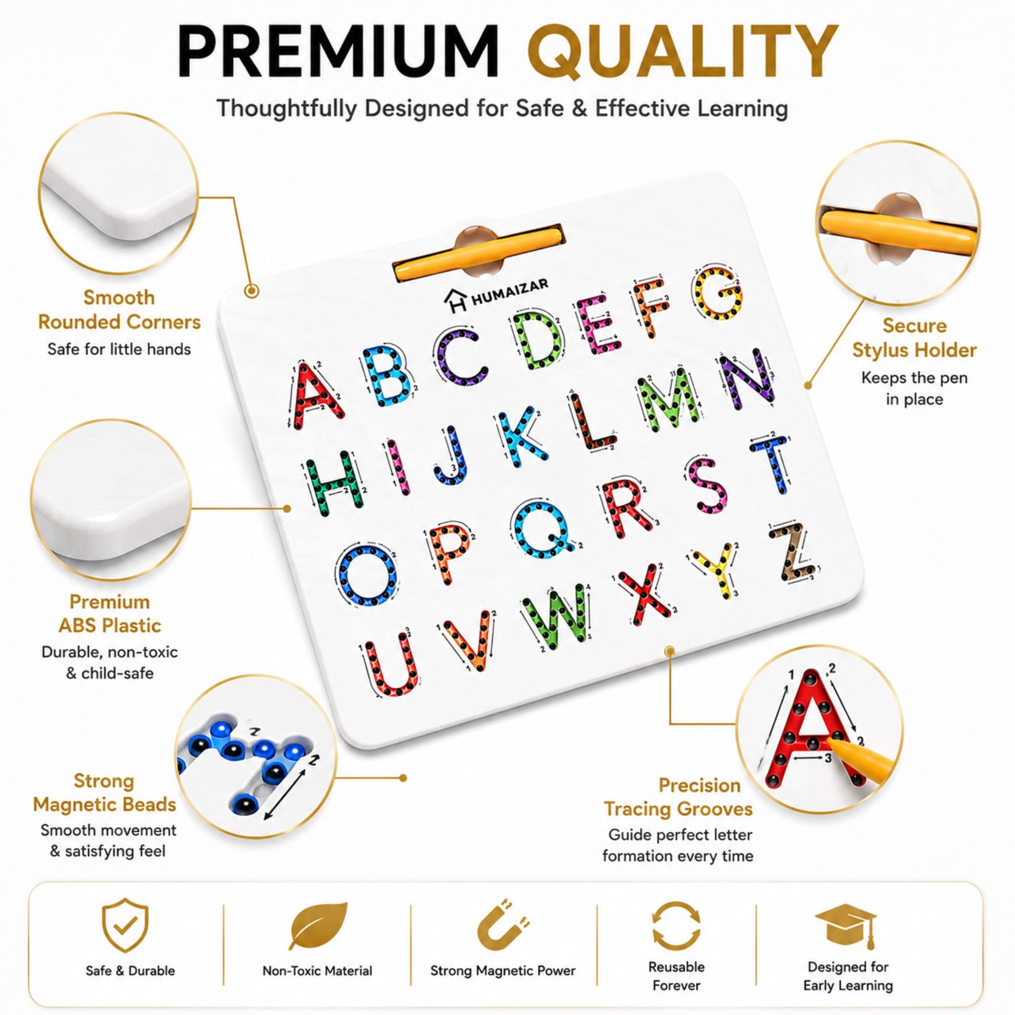 HUMAIZAR Magnetic Alphabet Tracing Board, Double-Sided 2-in-1 Learning & Writing Board, STEM Toy for Toddlers, Letter & Number Tracing Board with Magnet & Stylus Pen, Montessori Educational Toy 1