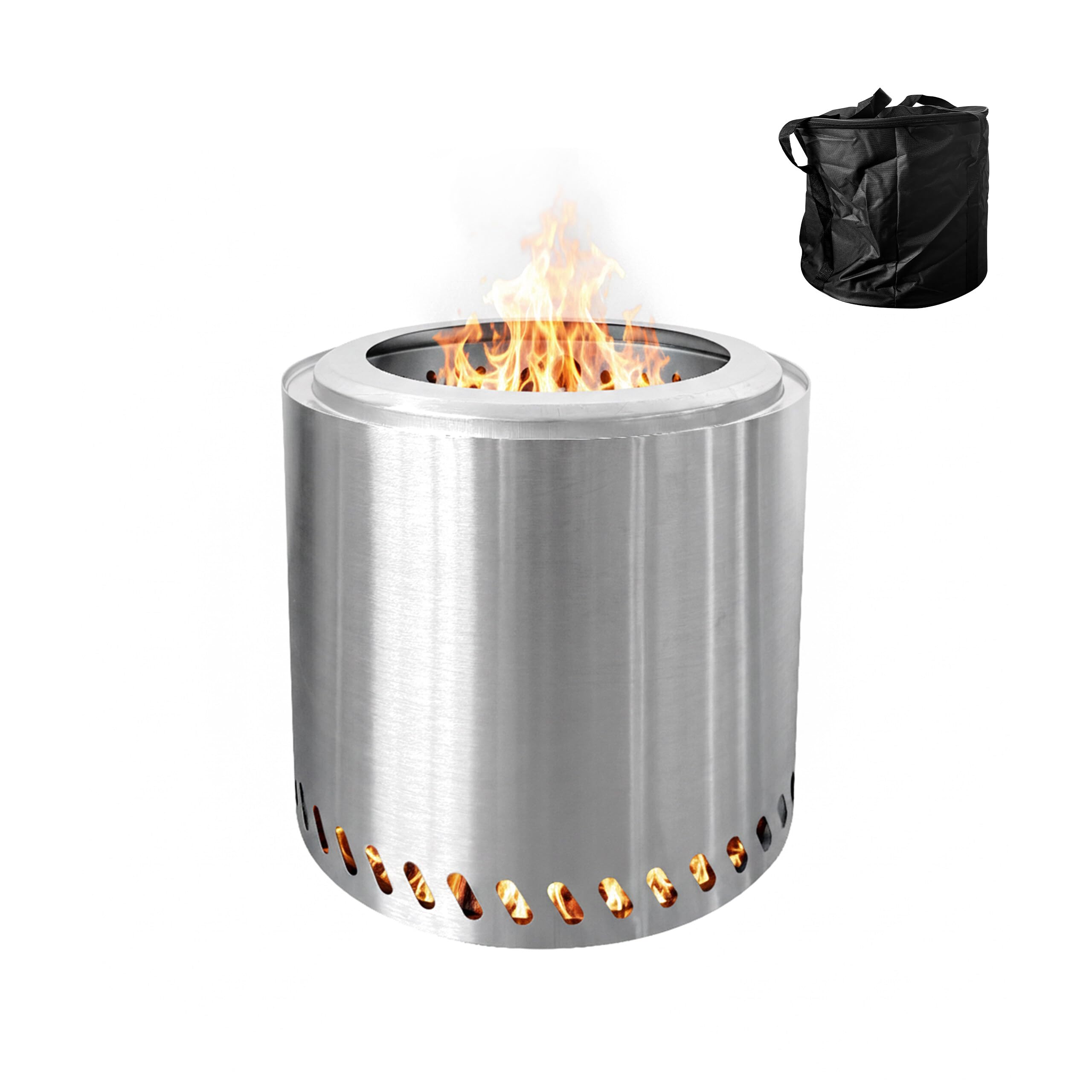 Relaxdays Feuerschale ohne Rauch, Edelstahl, HxD: 36 x 38 cm, Aschebehälter & Tasche, rauchfreie Feuerstelle, Silber