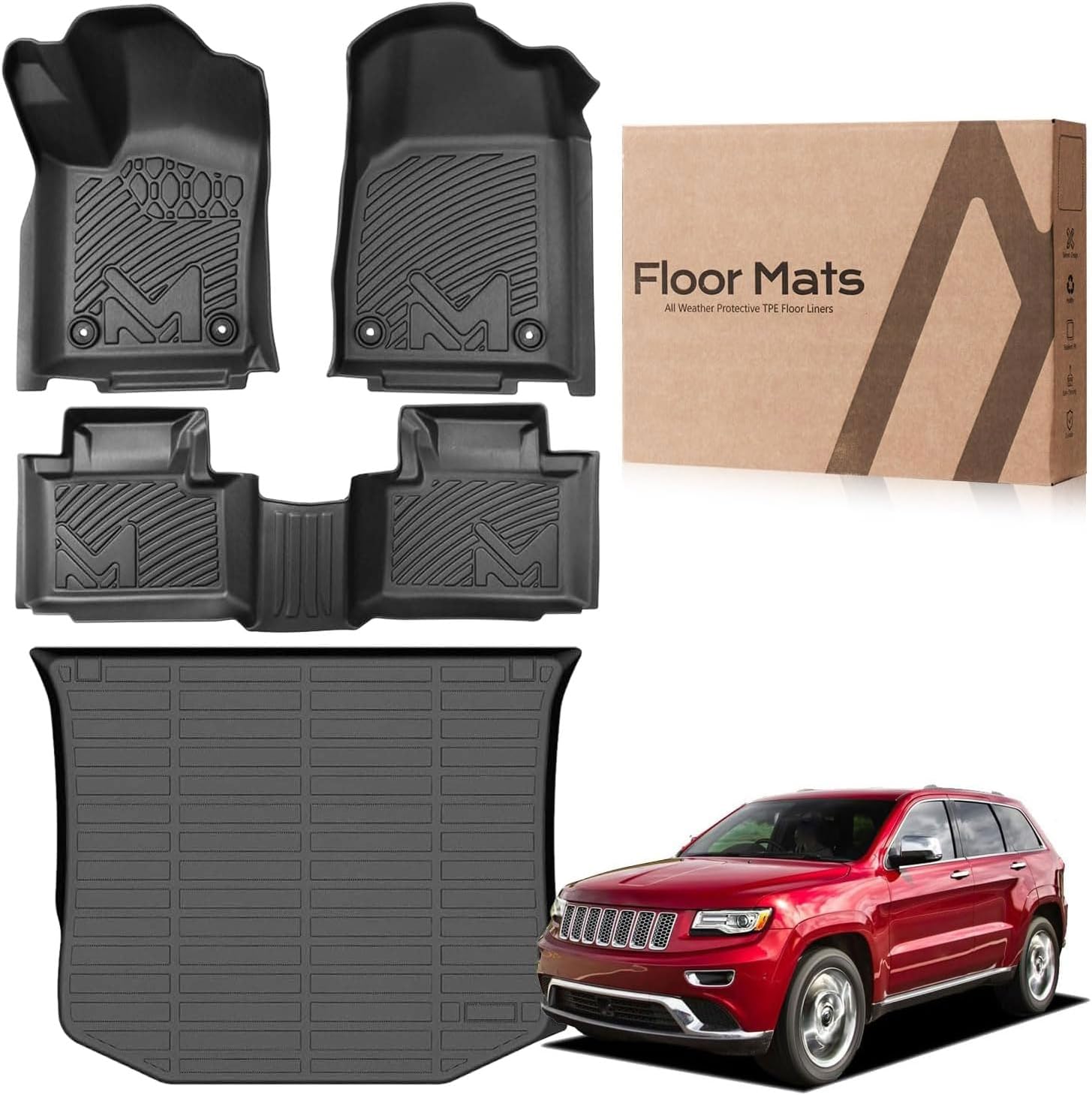 TPE Automotive Floor Mats & Cargo Liner Custom for 2016-2021 Jeep Grand Cherokee & 2022 WK (Not for L), All Weather Cover Protection Waterproof Black Floor Liner Front & Rear Row Full Set Car Mats For 2016-2021 | Jeep Grand Cherokee & 2022 WK (Not for L) | 1st & 2nd & Cargo liner