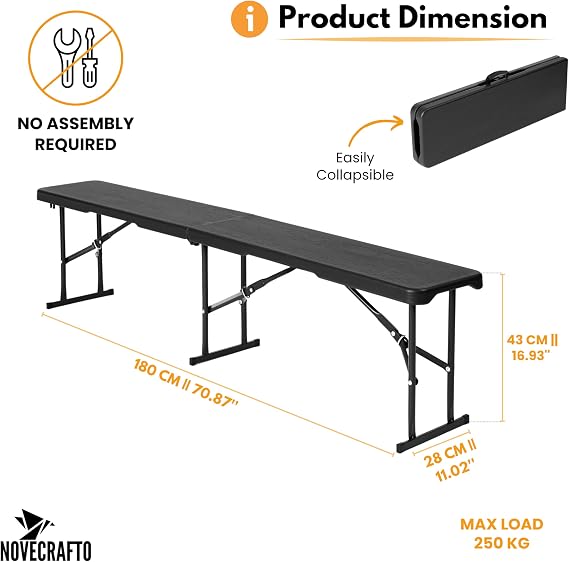 Durable 6ft Folding Bench Seat - L 70.87’’ x W 11.02’’ x H 16.93’’ (180 x 28 x 43 cm) - Portable Black Plastic Bench with Convenient Carry Handle - Perfect for Garden, Picnic, Party, and Camping