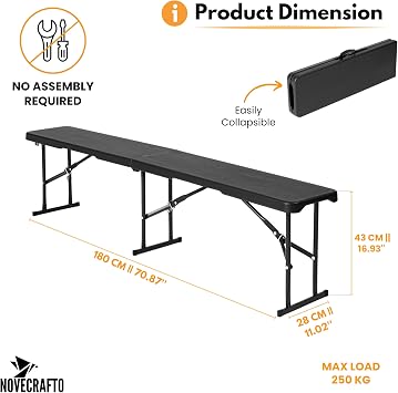 Durable 6ft Folding Bench Seat - L 70.87’’ x W 11.02’’ x H 16.93’’ (180 x 28 x 43 cm) - Portable Black Plastic Bench with Convenient Carry Handle - Perfect for Garden, Picnic, Party, and Camping