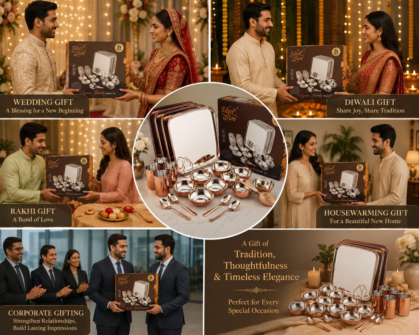 Silverglow Premium Stainless Steel Copper Dinner Set for 4 People | Square Family Dinner Set | 24-Piece Gift Pack | Dinner Plates, Bowls, Spoons, Tumblers | Festive Gift | Wedding, Diwali, Rakhi — Amazon image 4