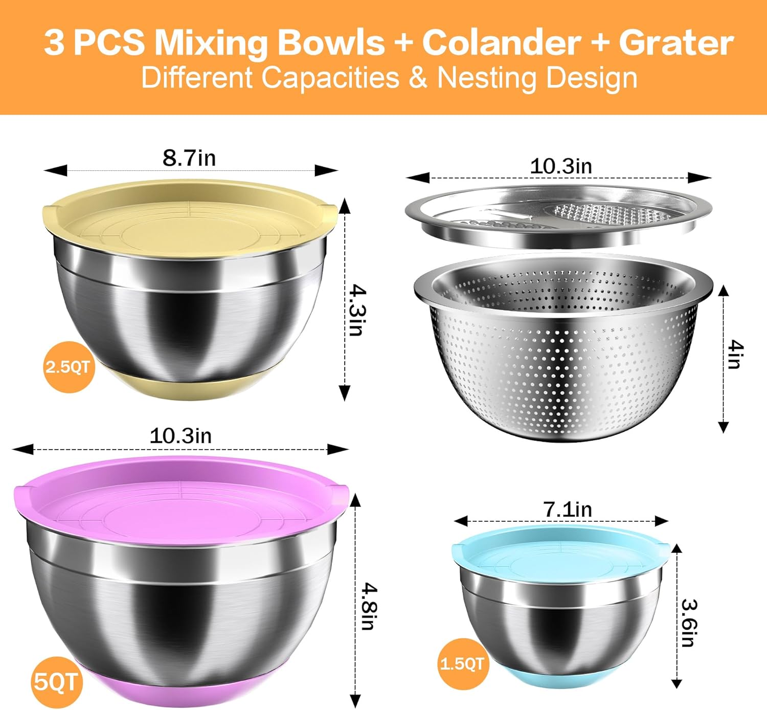 Mixing Bowls with Airtight Lids, Stainless Steel Mixing Bowl Set with 3 Metal Nesting Bowls, Colander & Grater, Non-Slip Bottoms, Size 1.5, 2.5, 5 QT, Great for Mixing & Serving, Mutilcolor - Image 7