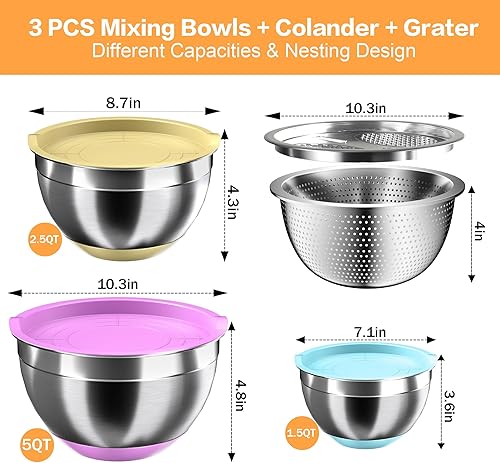 Miniatura 7 de Cuencos para mezclar con tapas herméticas, juego de cuencos de acero inoxidable con 3 cuencos de metal anidables, colador y rallador, parte inferior