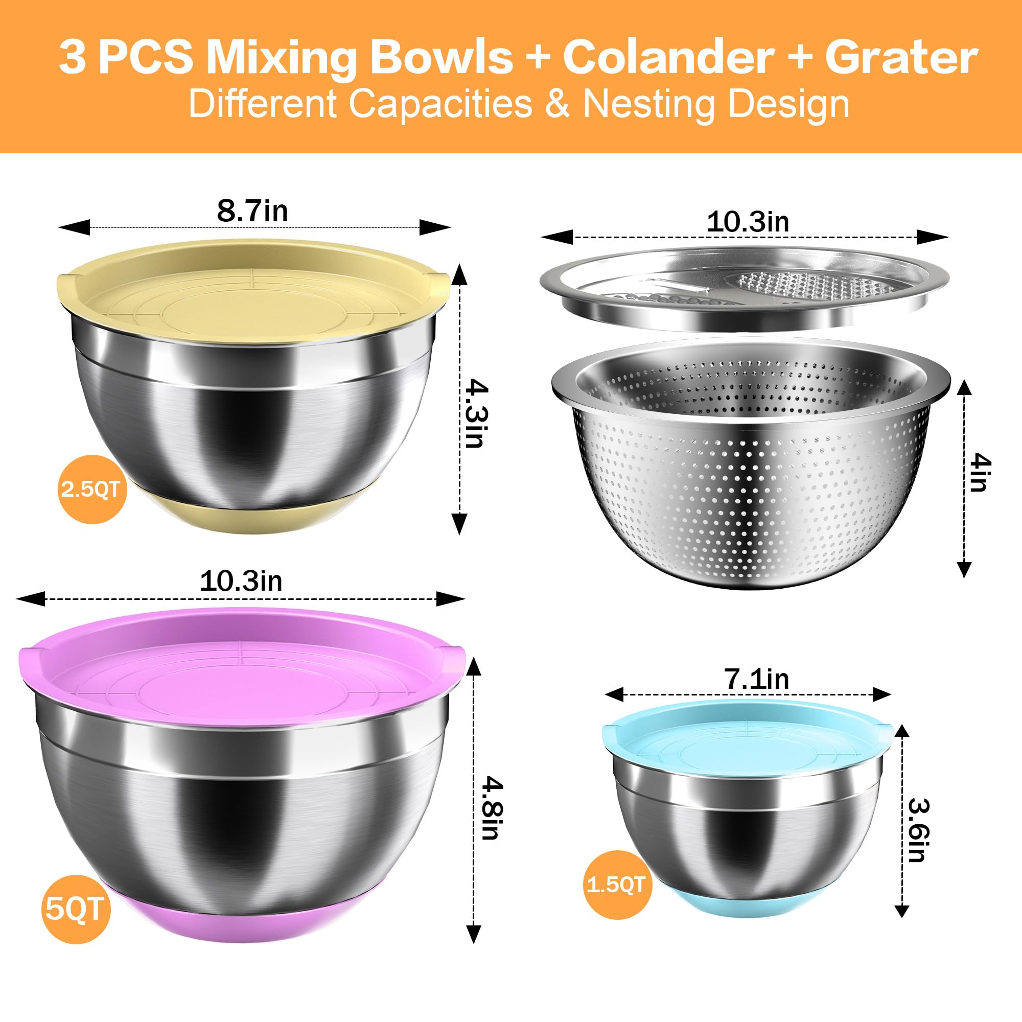 Nicdiet Rührschüsseln mit luftdichten Deckeln, Edelstahl-Rührschüssel-Set mit 3 Metall-Schüsseln, Sieb und Reibe, rutschfeste Unterseite, Größe 1,5, 2,5, 5 QT, ideal zum Mischen und Servieren