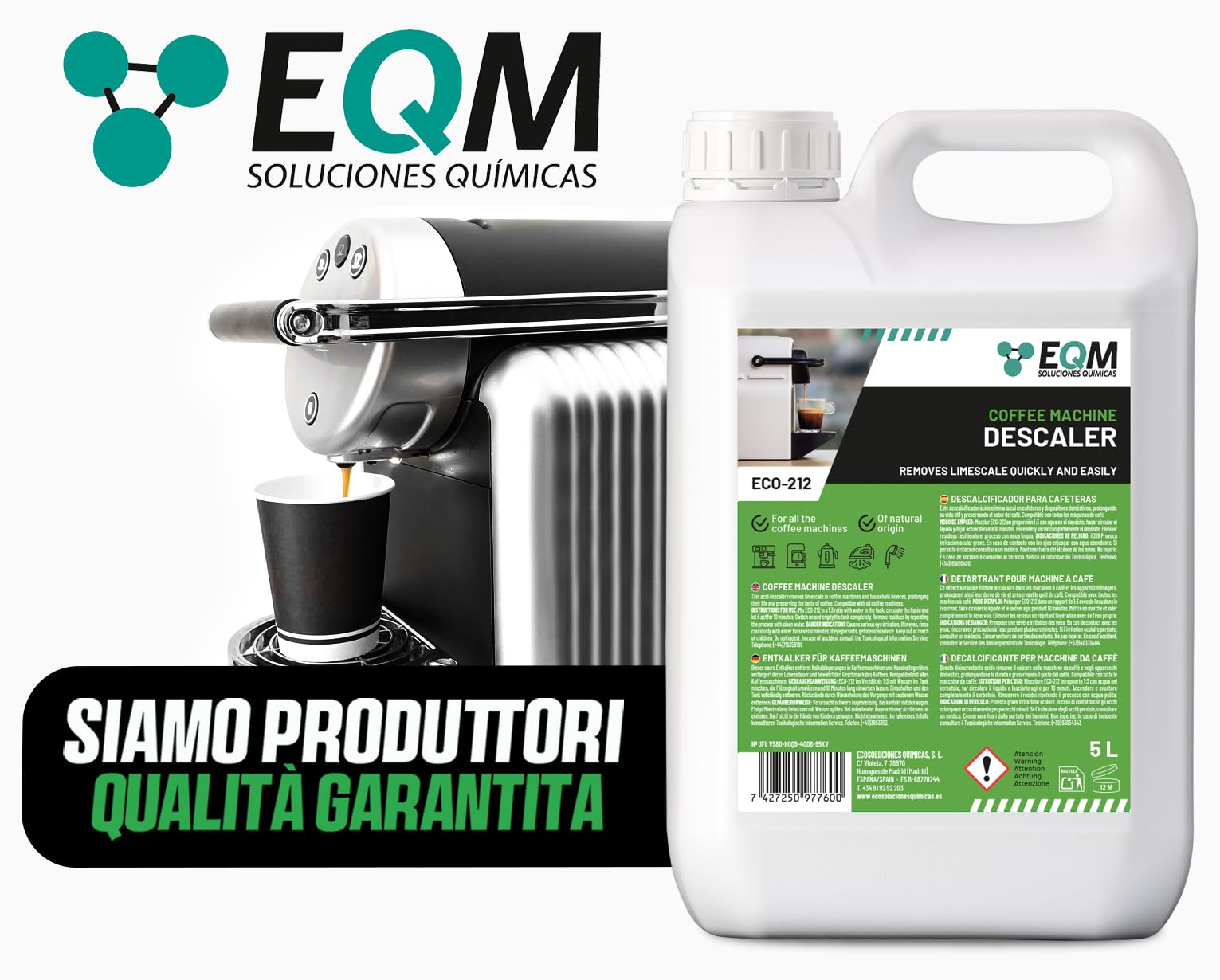 EQM Decalcificante per Macchine da Caffè 5L - 100% Origine Naturale - Compatibile con Tutte le Macchine da Caffè