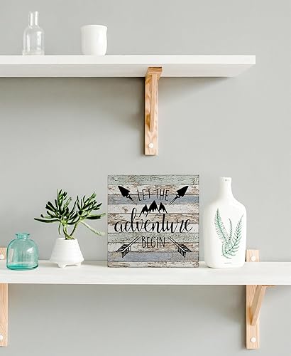 Miniatura 3 de kunlisa Letrero de madera con texto en inglés "Let The Adventure Begin Camping", decoración de escritorio, caja de madera rústica, caja de placa