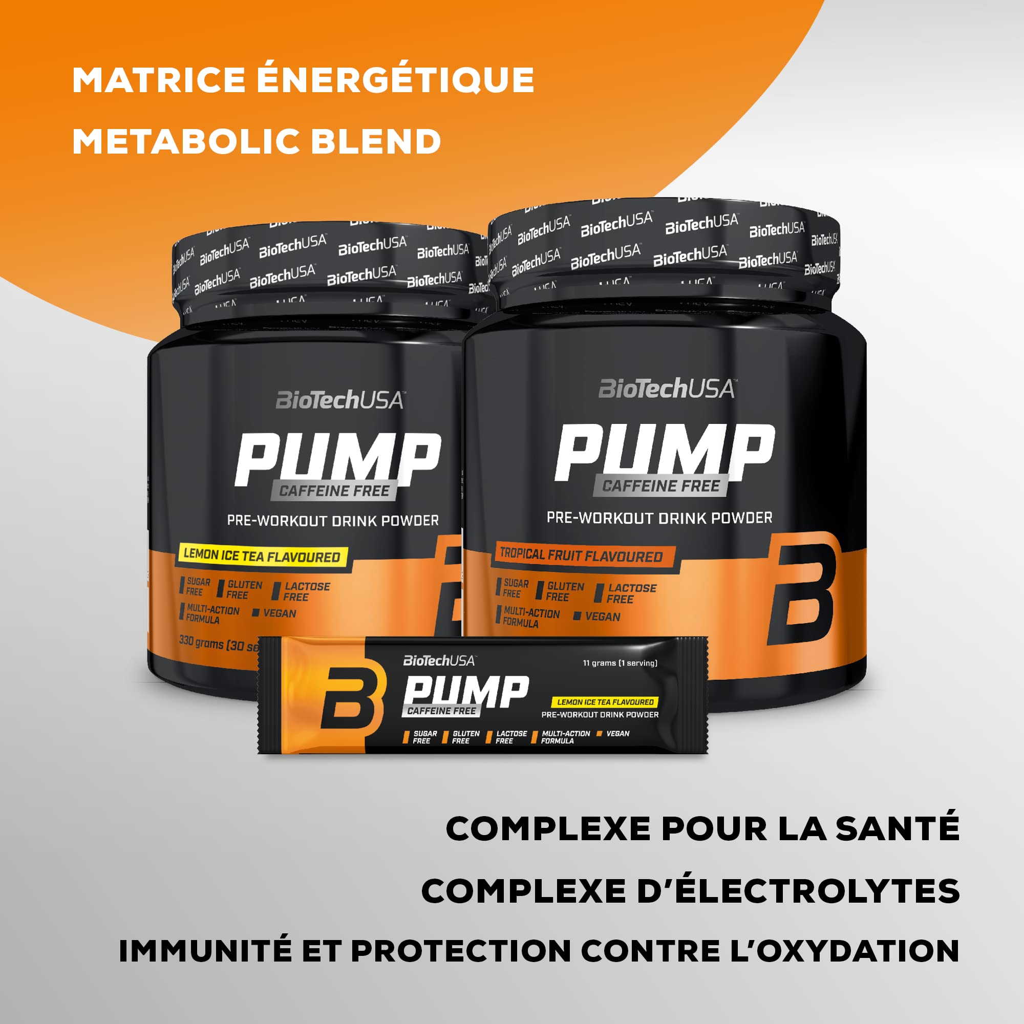 BioTechUSA Pump Caffeine Free | Énergie, concentration et soutien immunitaire | 19 Ingrédients actifs | Boisson en poudre pré-entraînement, 330 g, Fruits Exotiques