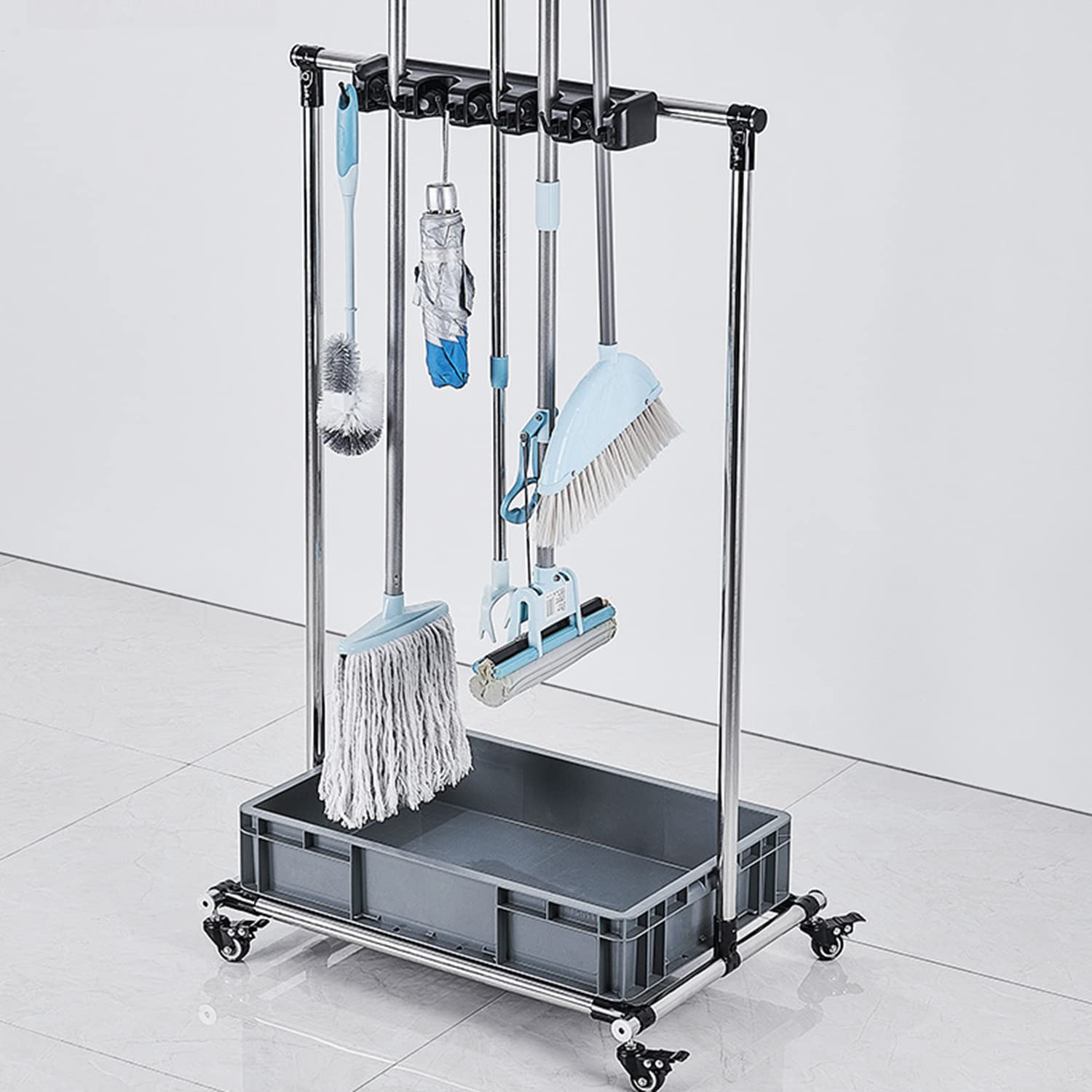 asdchZen Janitorial Cart,Movable Commercial Mop Rack, Broom Mop Drain Hanger Rack With Hooks And Sink Basin, Cleaning Cart Tool Storage, For Property Companies Housekeeping Station,10S,5slots