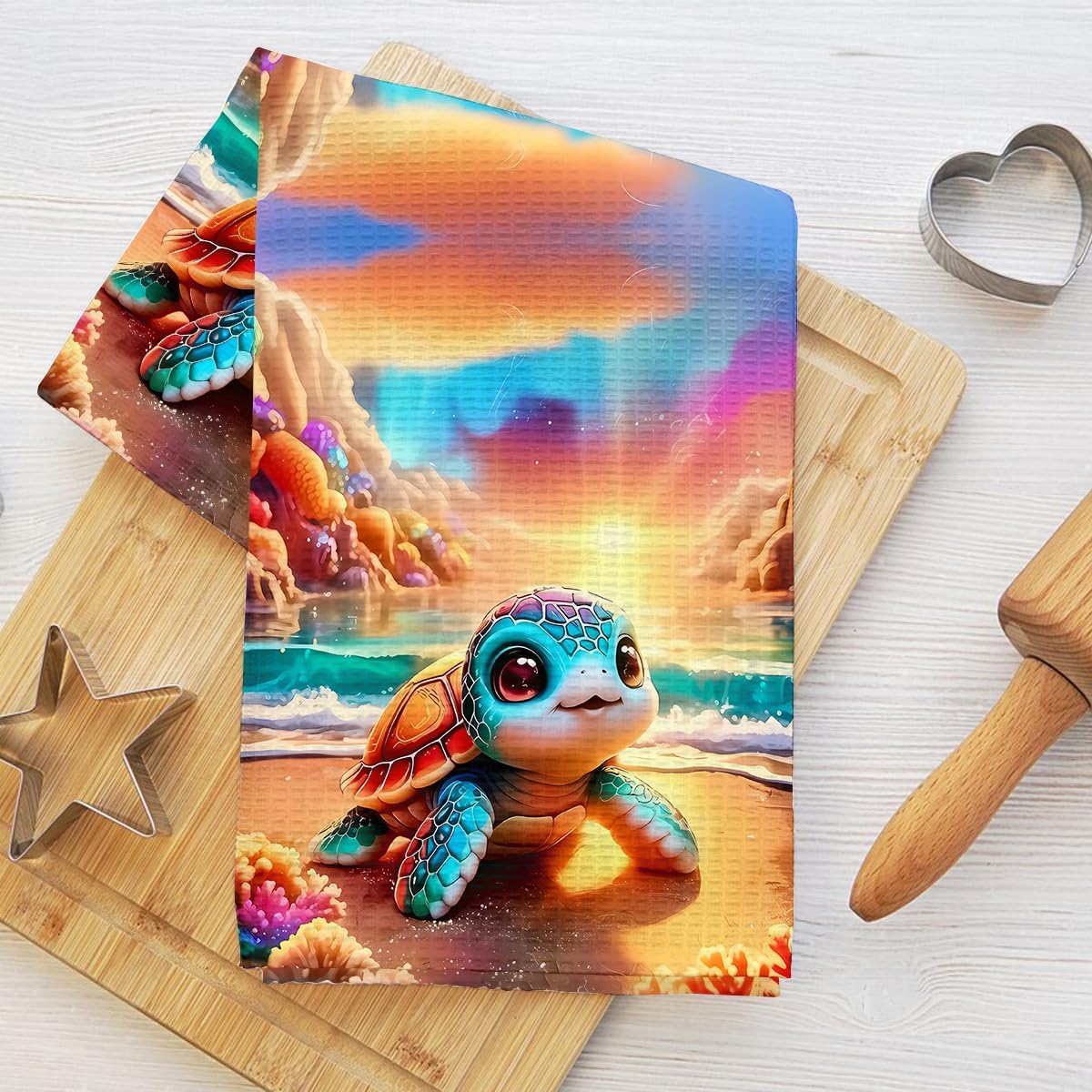 Cute Turtle Kitchen Towels, Farmhouse Bathroom Decorative Absorbent Microfiber Dish Cloth Tea Towel, Whimsical Turtle Durable Hand Towels for Kitchen Home Bathroom, Housewarming Gifts