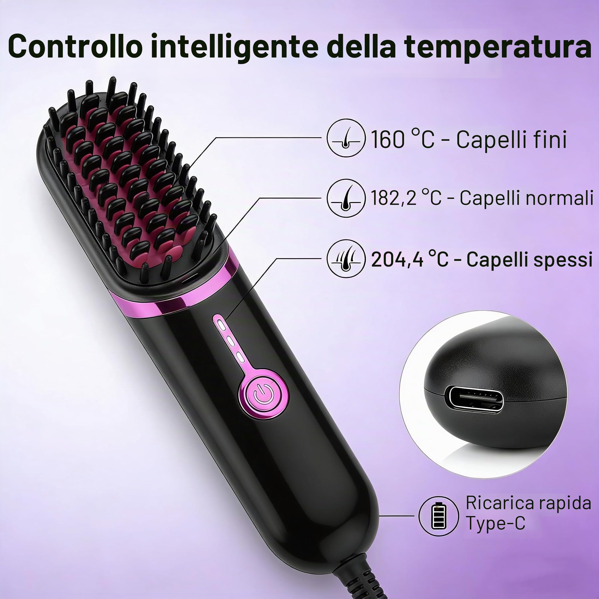 Spazzola lisciante per capelli senza fili, piastre per capelli, spazzola per raddrizzare senza fili, pettine per raddrizzare con funzione di ricarica USB, spazzola per