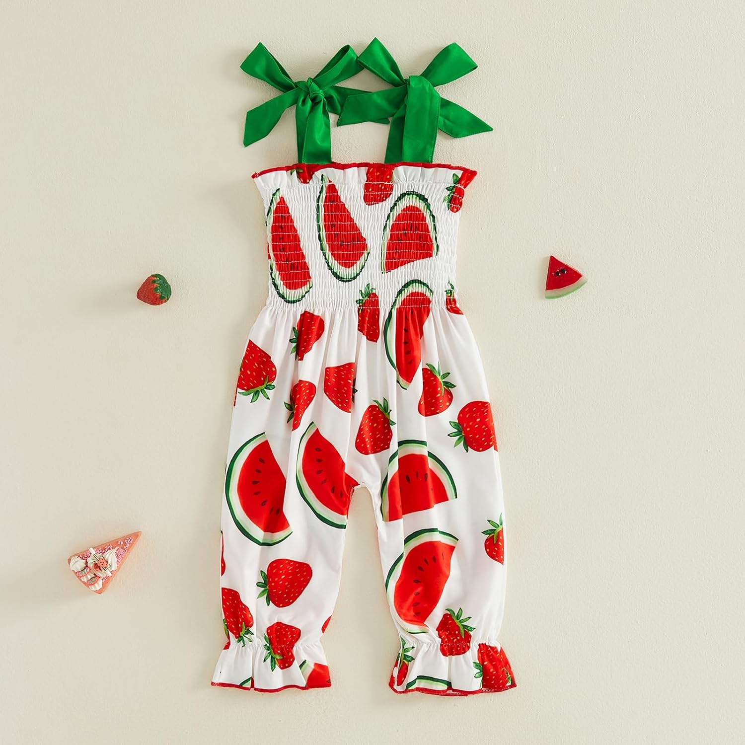 Baby Girl Summer Overalls One Piece Outfits Smocked Romper Watermelon Flower Print Ruffle Sleeveless Bodysuit Jumpsuit