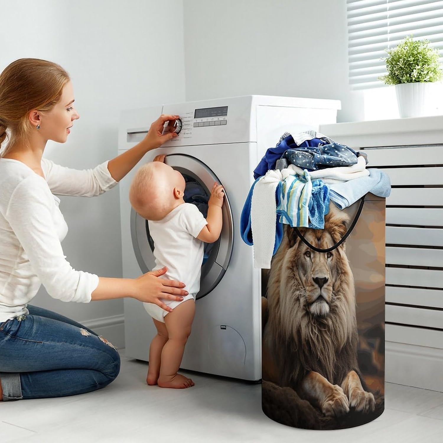 Large Laundry Hamper with Handles Creative Animals Lion Laundry Basket Freestanding Waterproof Clothes Hamper for Living Room Bedroom Bathroom College Dorm