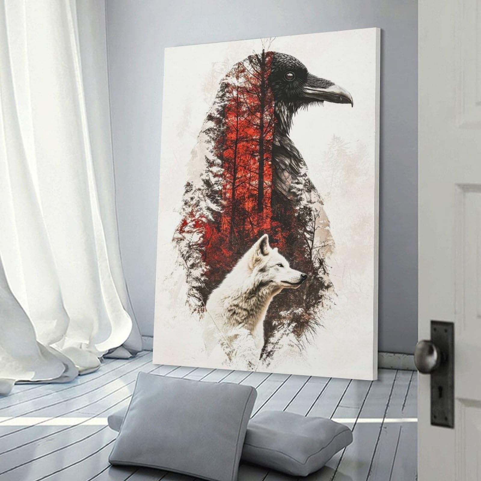 Junmoney Room Decor Wall Art Wolf And Raven Double Exposure, 24x36inch(60x90cm), for Hallway, Bedroom Or Modern Interiors, Gift Idea for Housewarming And Birthdays