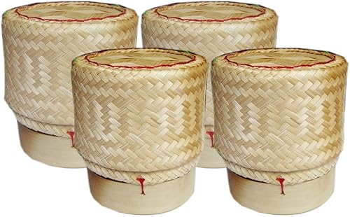 Cesta de arroz tailandesa adhesiva (paquete de 4) contenedor de arroz de bambú hecho a mano