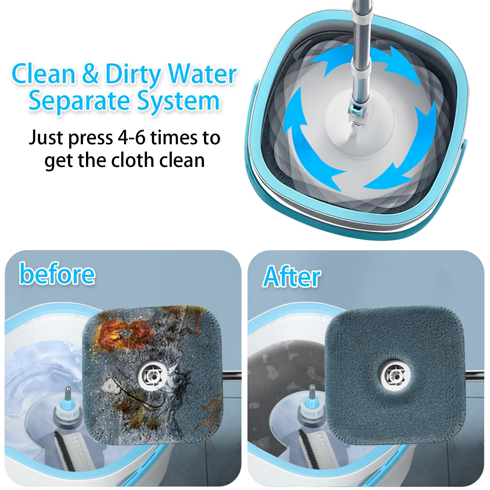 Withosent 130cm Mocio Lavapavimenti con Secchio, 2-in-1 Filtraggio Separa lo Sporco Dall'acqua Dolce, 360° Mocio Pavimenti Autostrizzante Rotante, con 2 Ricambio Mocio Microfibra