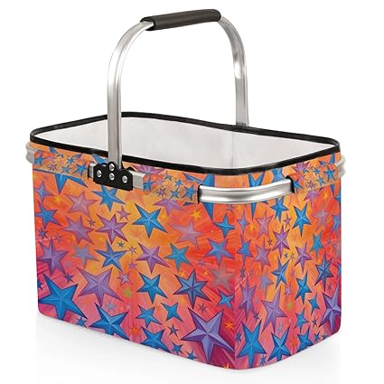 Kizmoglux Colorful Star Collapsible Market Basket, Foldable Picnic Basket - Large Shopping Basket with Handles, Portable Folding Bag for Shopping Camping Picnic