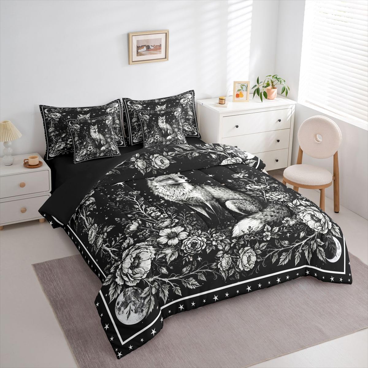 Erosebridal Gothic Comforter Set 7 Piece Bed in a Bag Twin | Fox Bedding Sets Vintage Floral Woodland Animals Comforter and Sheet Set, Galaxy Moon Flowers Bed Sets Black Goth Decor