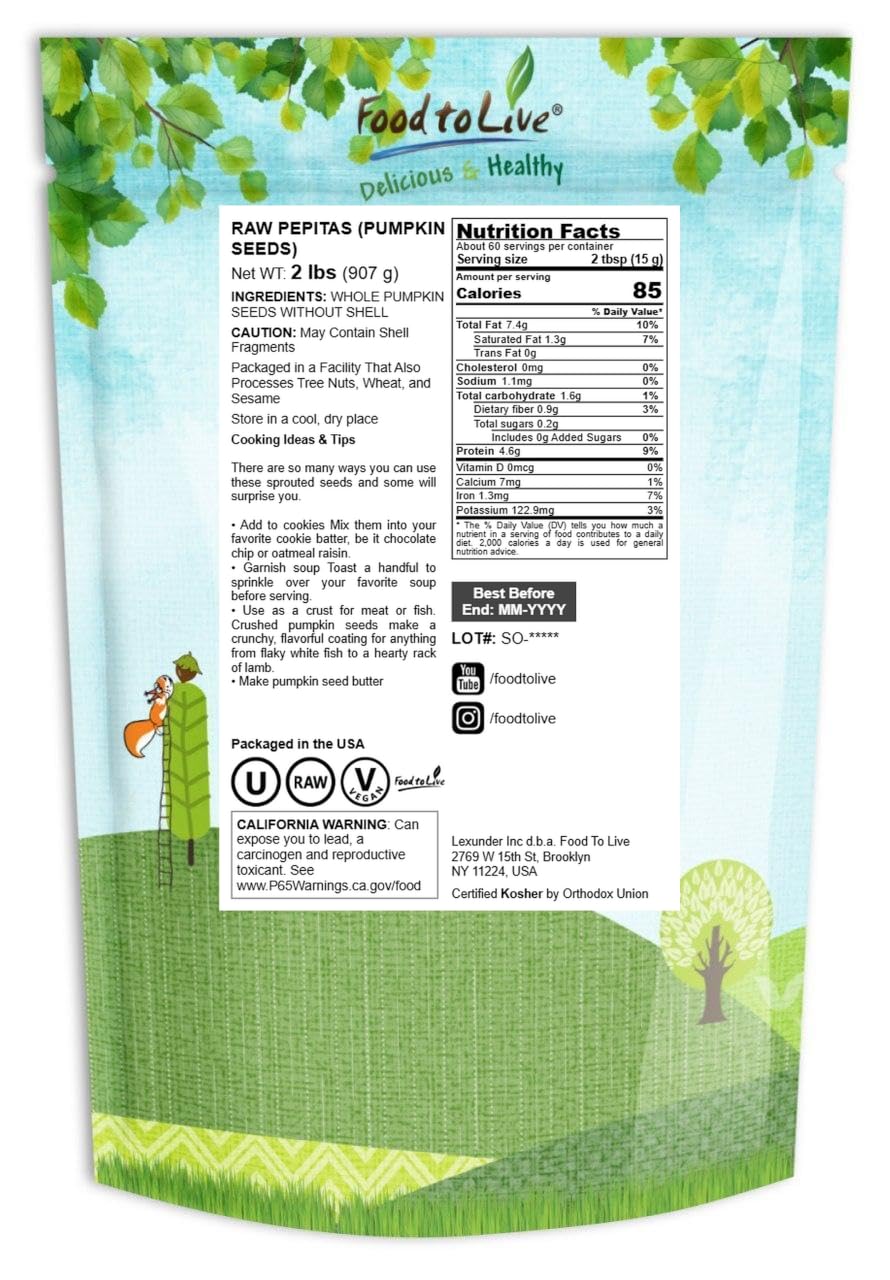 Food to Live - Raw Pepitas, 2 Pounds, Pumpkin Seed Kernels, Unsalted, No Shell, Vegan, Kosher, Keto, Bulk. Wholesome Snack. High in Protein, Essential Fatty Acids. Great for Baking.