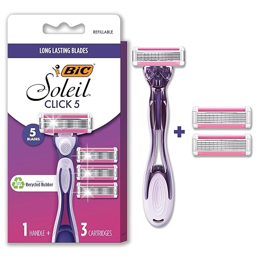 BIC Click 5 Soleil Women's Disposable Razors; 5 Blades With a Moisture Strip For a Smoother Shave; 1 Handle and 3 Cartridges; 4 Piece Razor Set