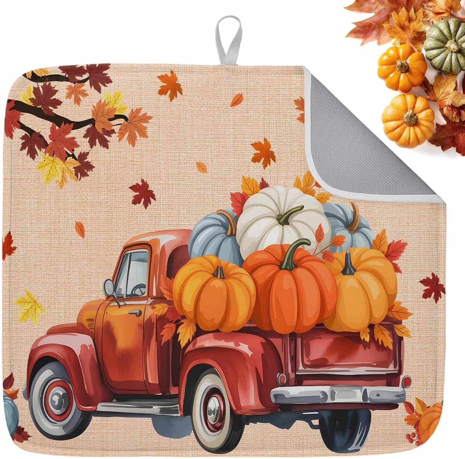 Fall Dish Drying Mat Orange Pumpkin Thanksgiving Drying Matt for Kitchen Counter Maple Leaf Truck Absorbent Microfiber Quick Dry Mats Autumn Dishes Drainer Fall Decoration 18x24 inch