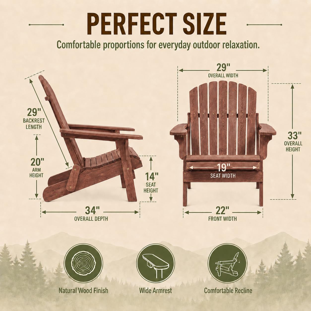 Oversized Wooden Folding Adirondack Chairs Set of 2, Hemlock Wood Patio Fire Pit Chairs with Pre-Assembled Backrest & Seat Board, Outdoor Lounge Chair for Backyard Garden Porch Deck, Brown image 2