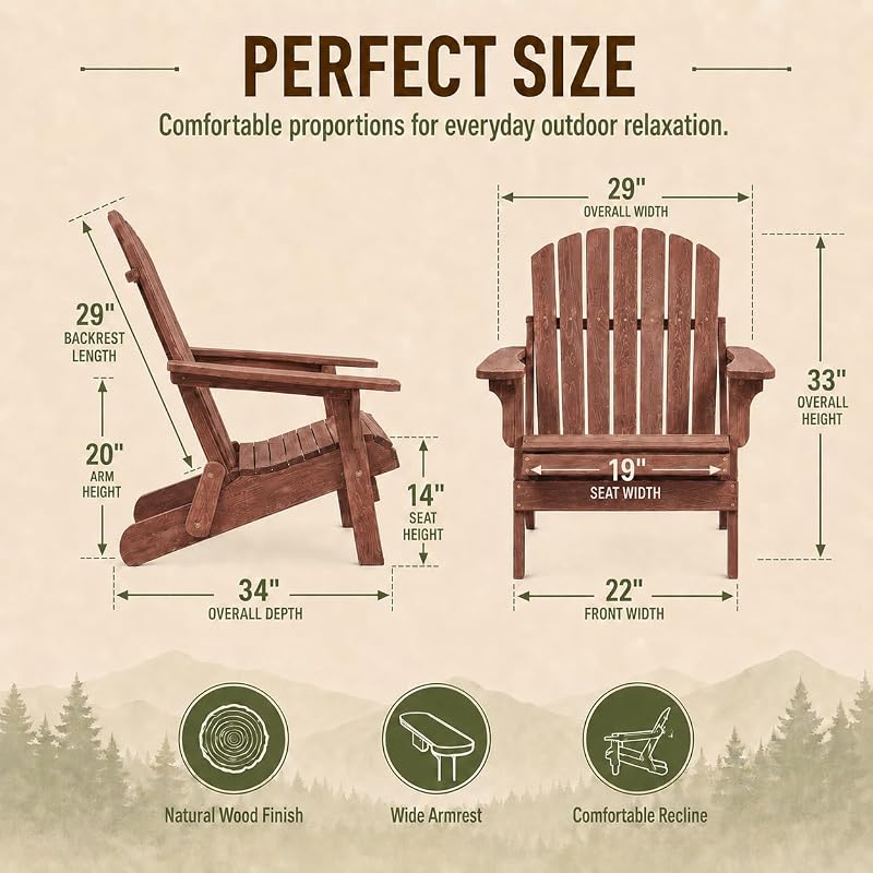 EXPEAK Oversized Wooden Folding Adirondack Chairs Set of 2, Hemlock Wood Patio Fire Pit Chairs with Pre-Assembled Backrest & Seat Board, Outdoor Lounge Chair for Backyard Garden Porch Deck, Brown image 2