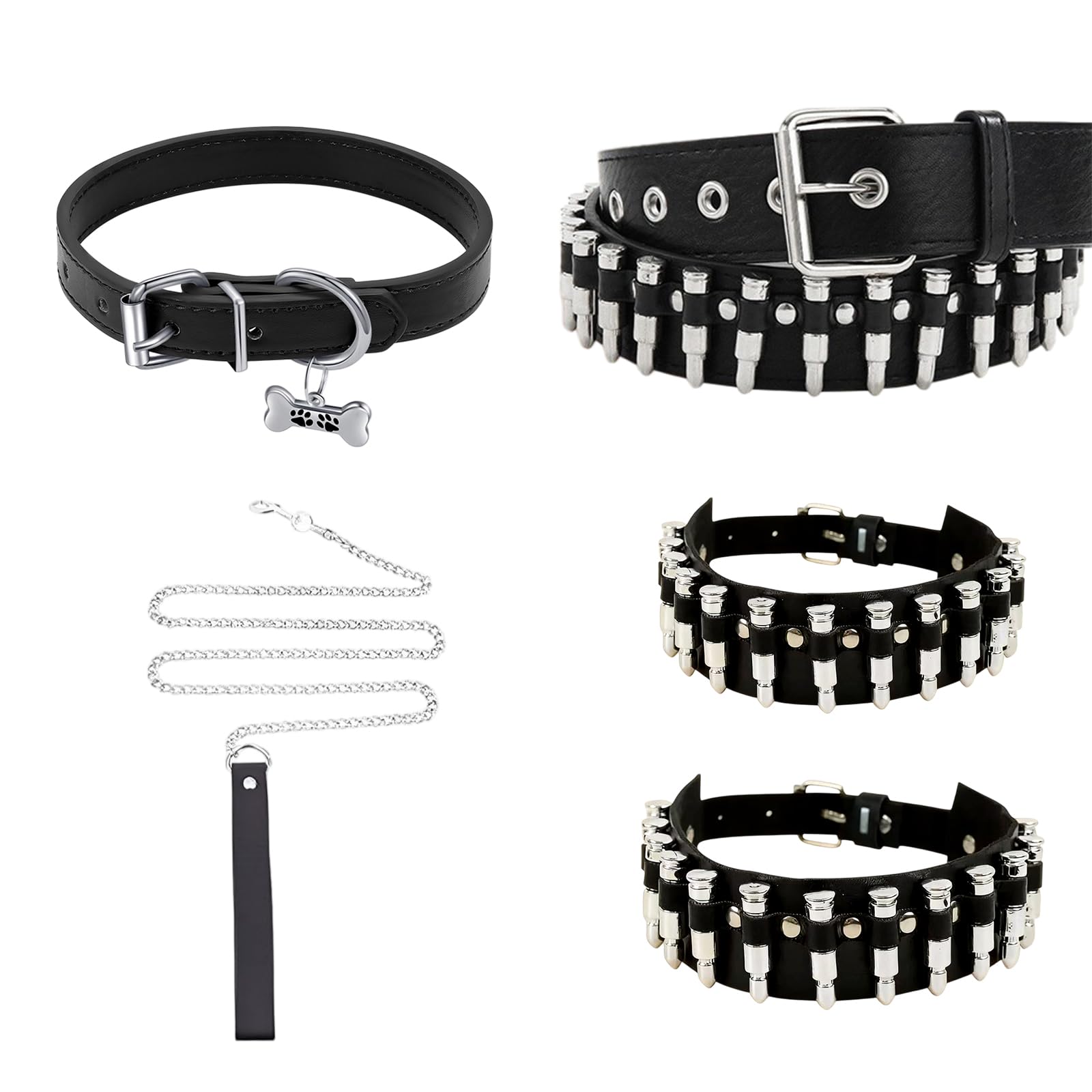 Tastetreasure 5 Pcs Y2K Accessories Set Includes Bullet Studded Belt, Choker to Bracelet Slave Chain, Black Neckband & 2 Adjustable Leg Garters (60/70cm) - Grunge Goth Alt Outfits